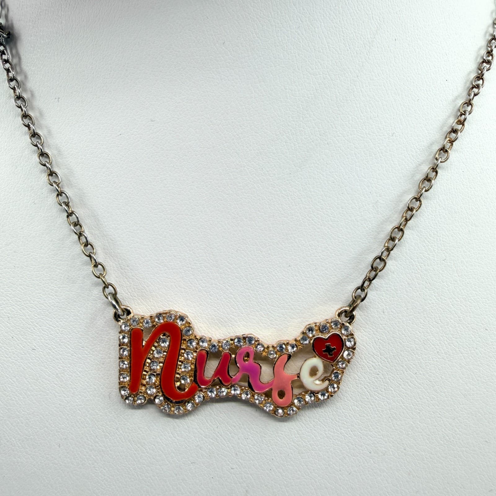 Vintage Nurse Script Heart Nameplate Necklace Earrings Set Red Pink Enamel 90s - Thumbnail 2
