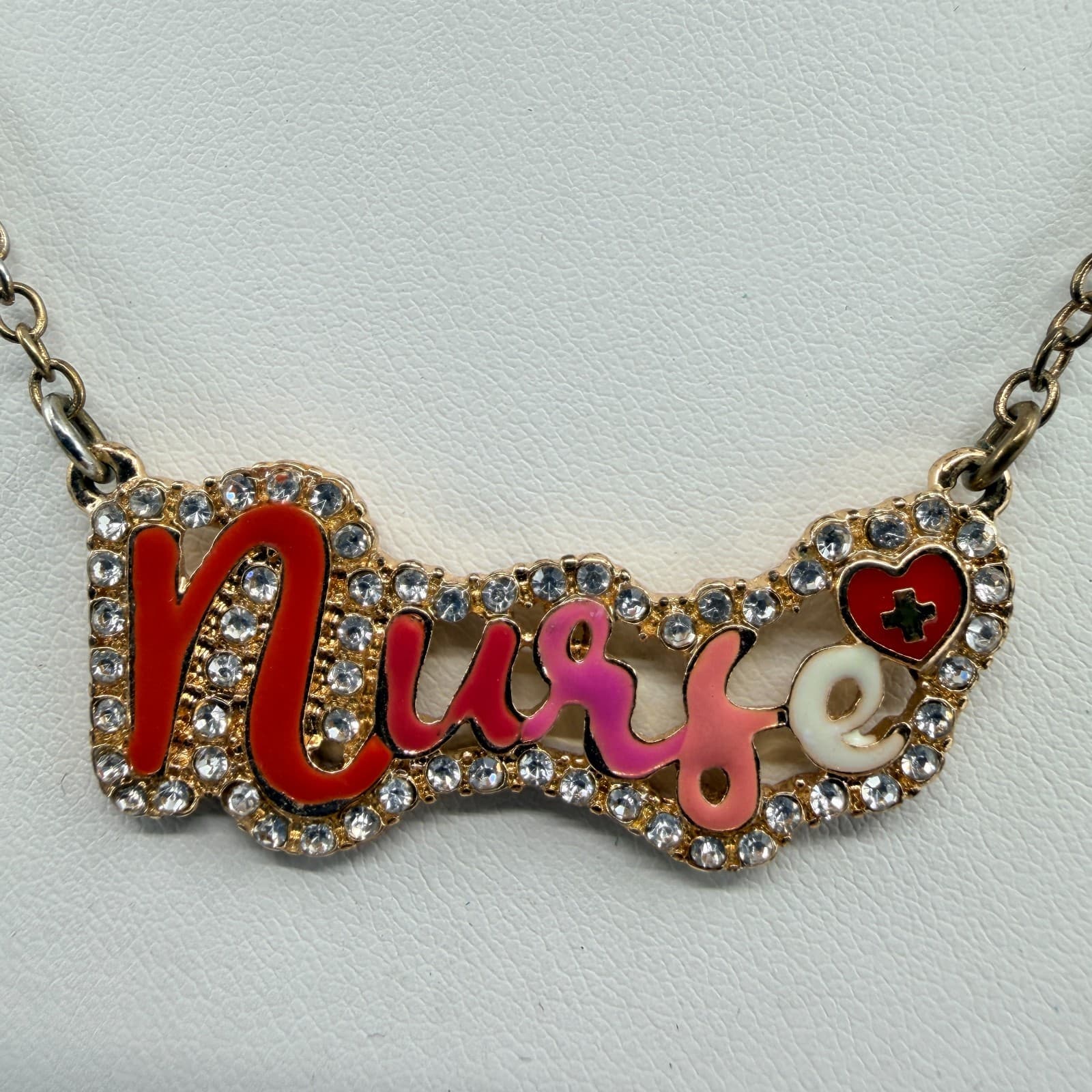 Vintage Nurse Script Heart Nameplate Necklace Earrings Set Red Pink Enamel 90s - Thumbnail 3