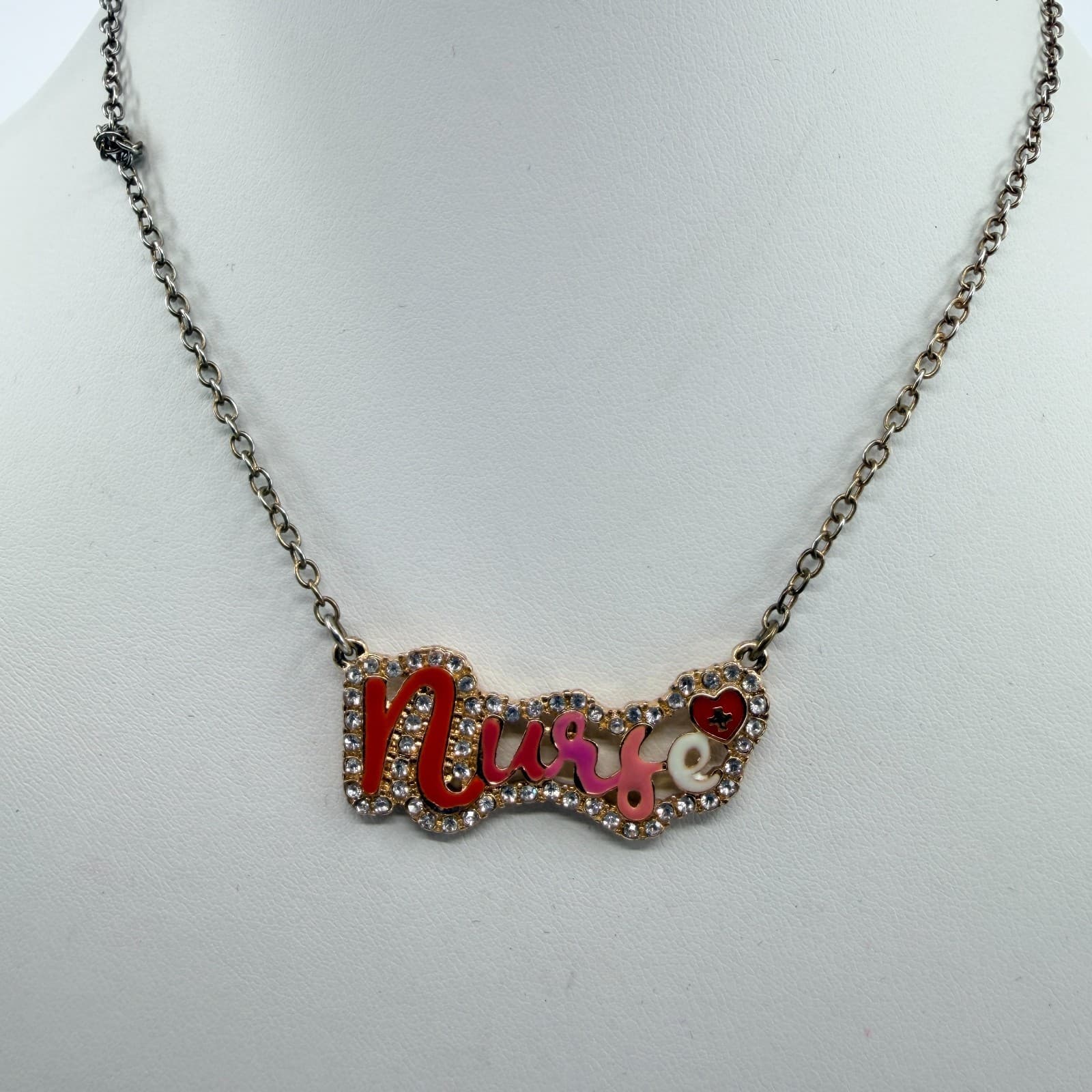 Vintage Nurse Script Heart Nameplate Necklace Earrings Set Red Pink Enamel 90s - Thumbnail 4