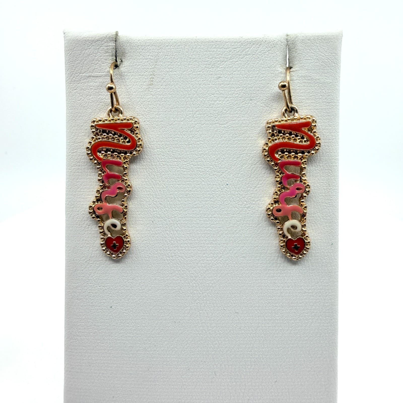Vintage Nurse Script Heart Nameplate Necklace Earrings Set Red Pink Enamel 90s - Thumbnail 6