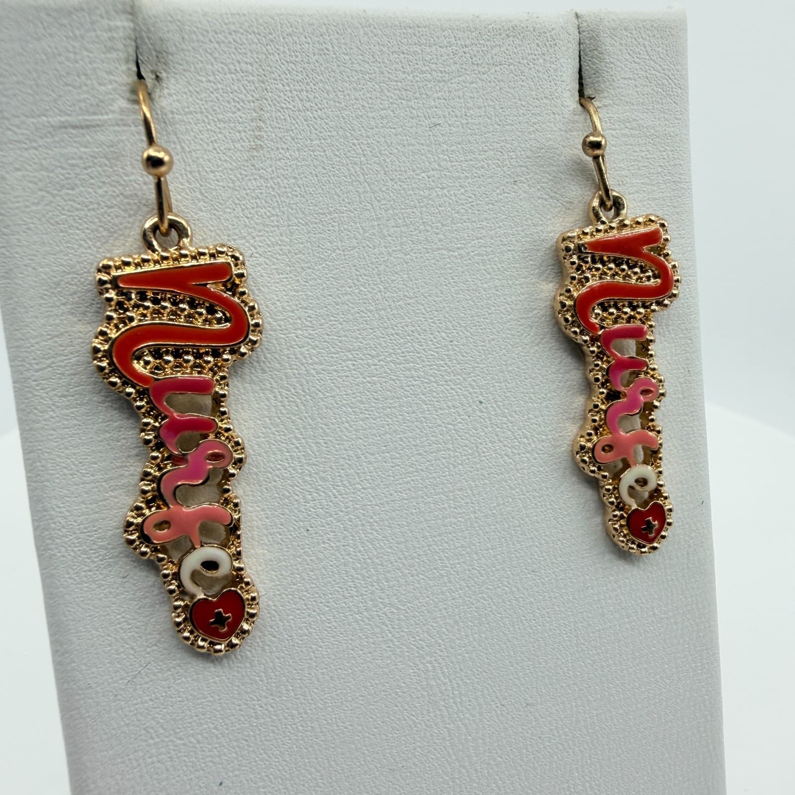 Vintage Nurse Script Heart Nameplate Necklace Earrings Set Red Pink Enamel 90s - Thumbnail 7