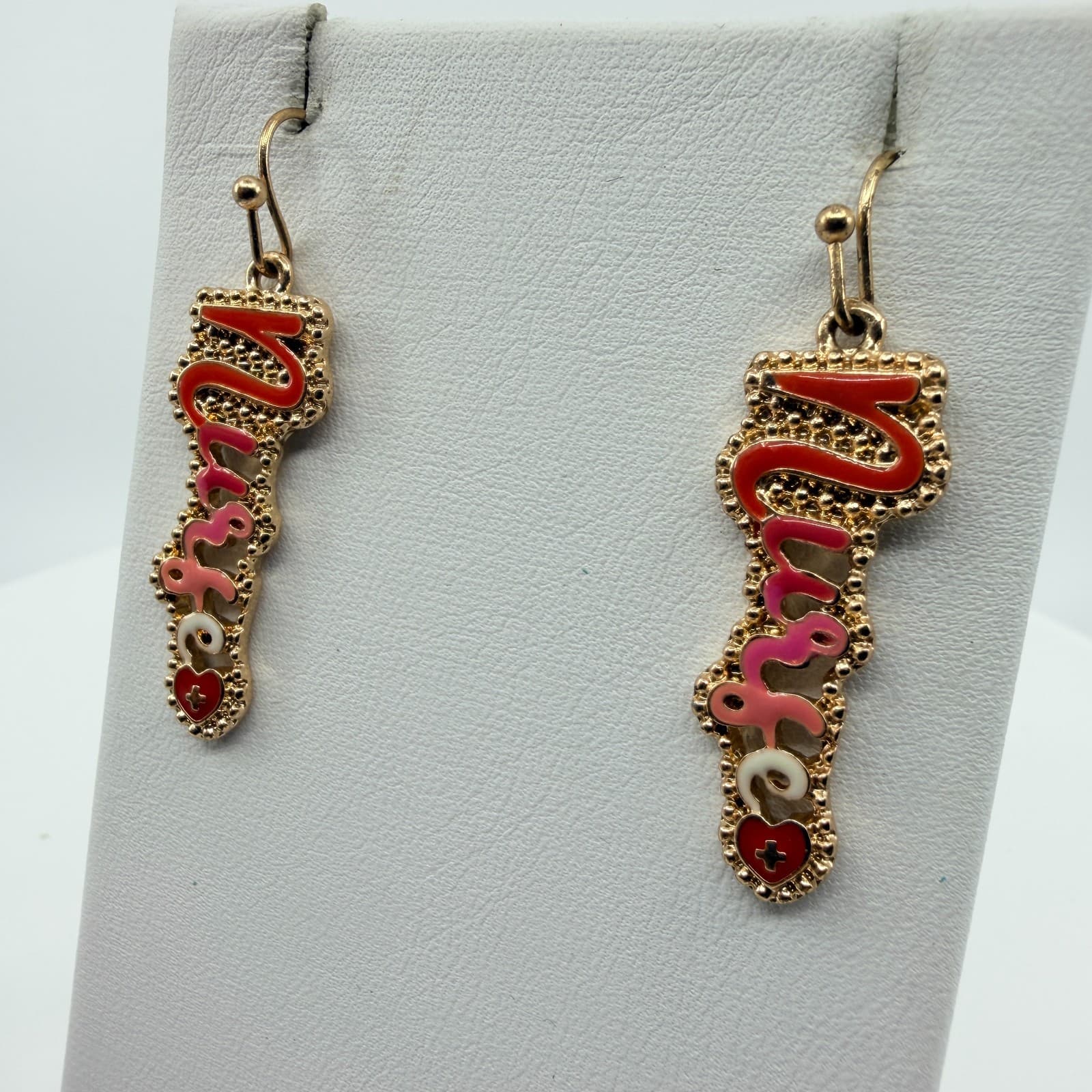 Vintage Nurse Script Heart Nameplate Necklace Earrings Set Red Pink Enamel 90s - Thumbnail 8