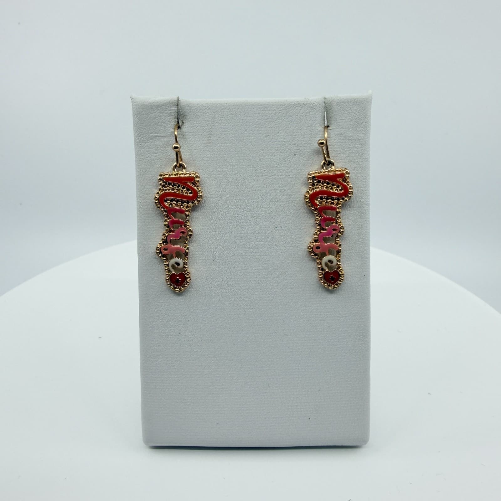 Vintage Nurse Script Heart Nameplate Necklace Earrings Set Red Pink Enamel 90s - Thumbnail 9