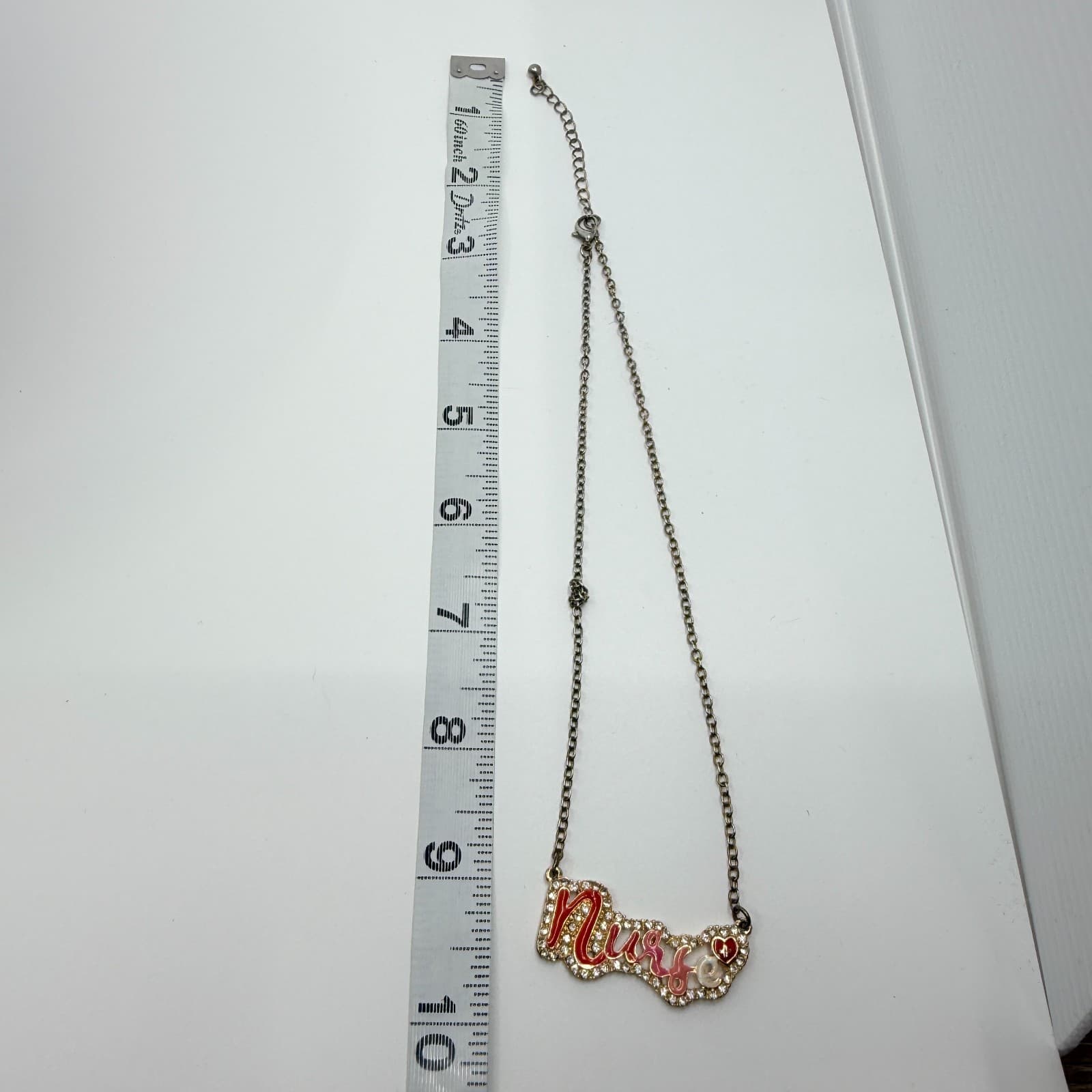 Vintage Nurse Script Heart Nameplate Necklace Earrings Set Red Pink Enamel 90s - Thumbnail 10