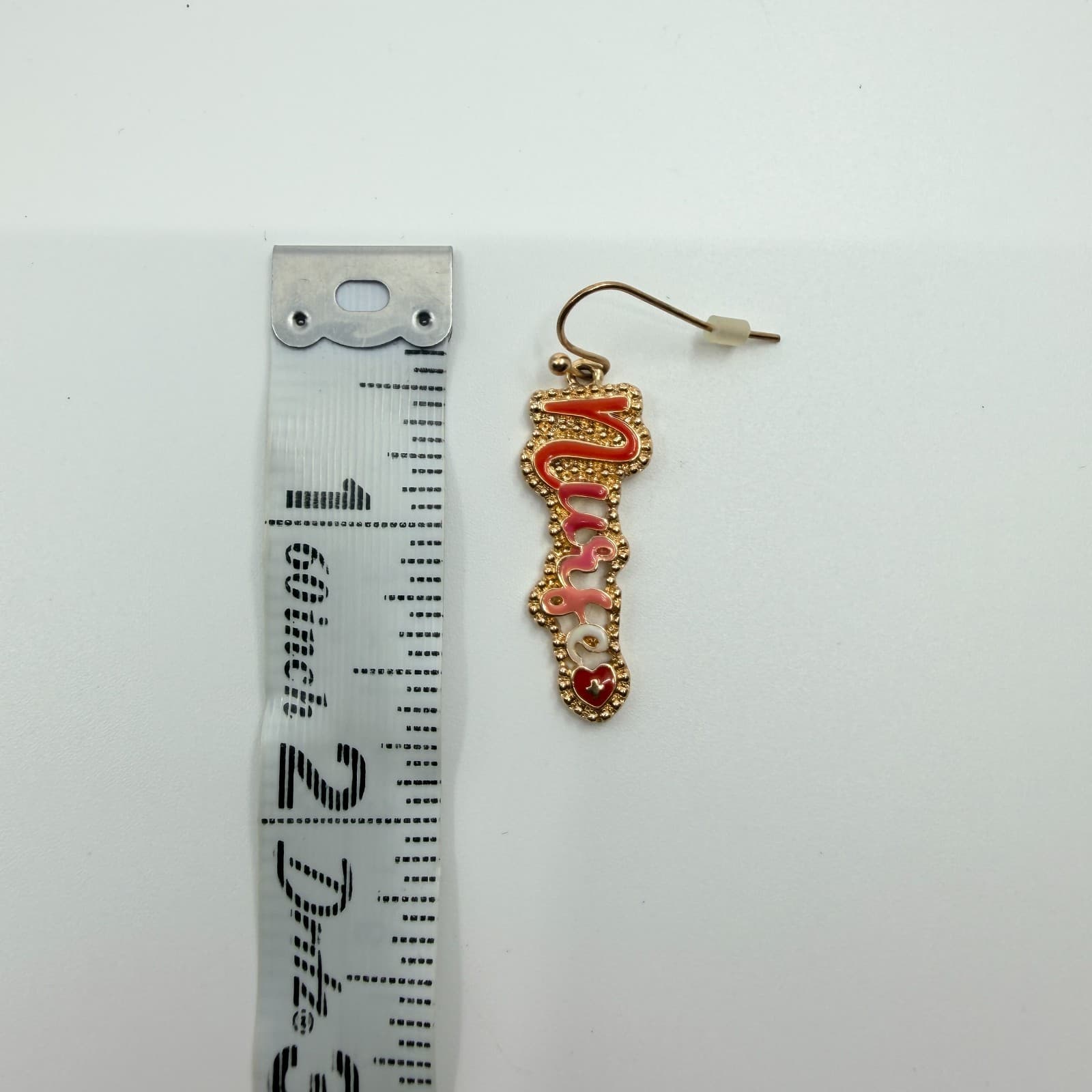 Vintage Nurse Script Heart Nameplate Necklace Earrings Set Red Pink Enamel 90s - Thumbnail 11