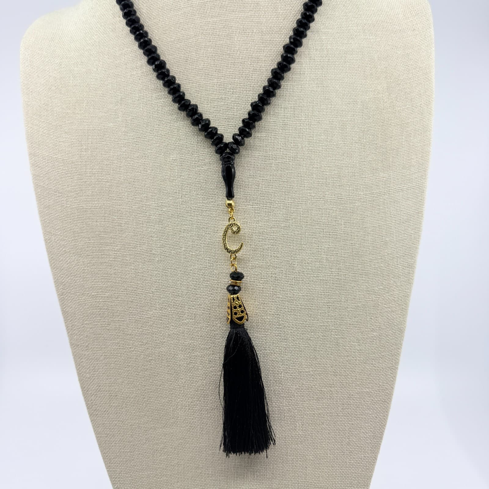 Vintage Islamic Tasbih 99 Beads Muslim Prayer Beads Black Faceted Tassel Accent - Thumbnail 2