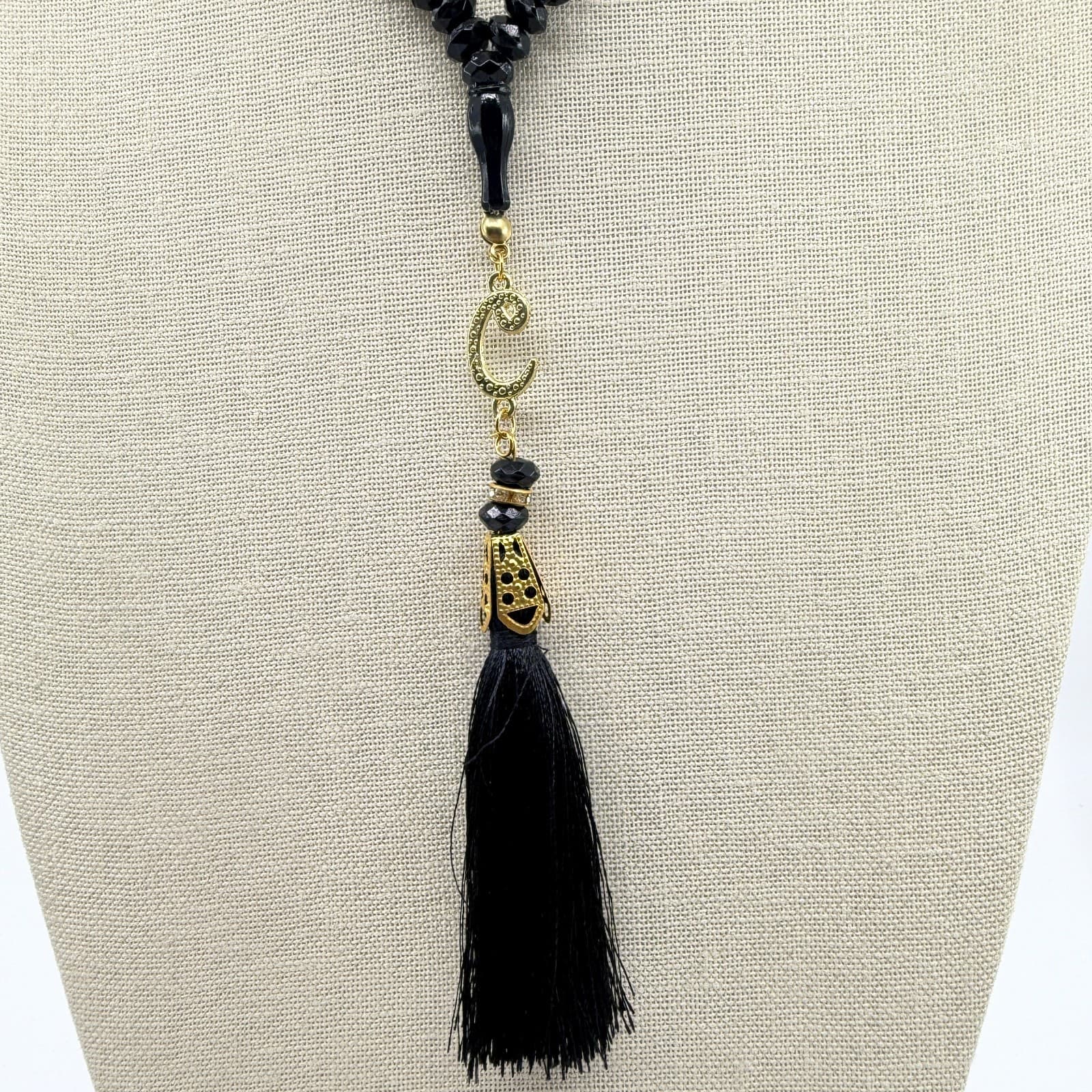 Vintage Islamic Tasbih 99 Beads Muslim Prayer Beads Black Faceted Tassel Accent - Thumbnail 3