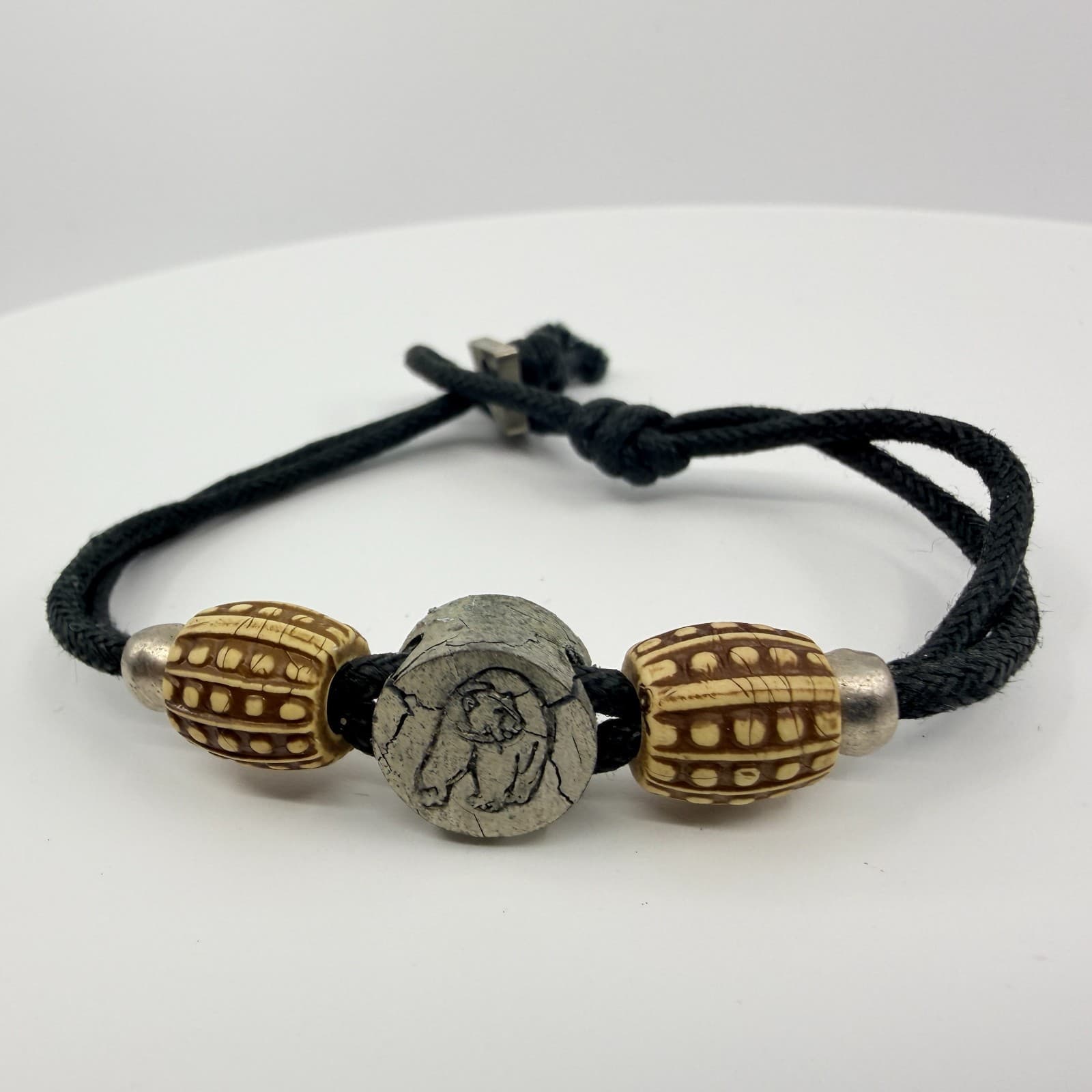 Vintage Tribal Black Cord Bracelet Carved Bear Stone Bead Patterned Beads - Thumbnail 3
