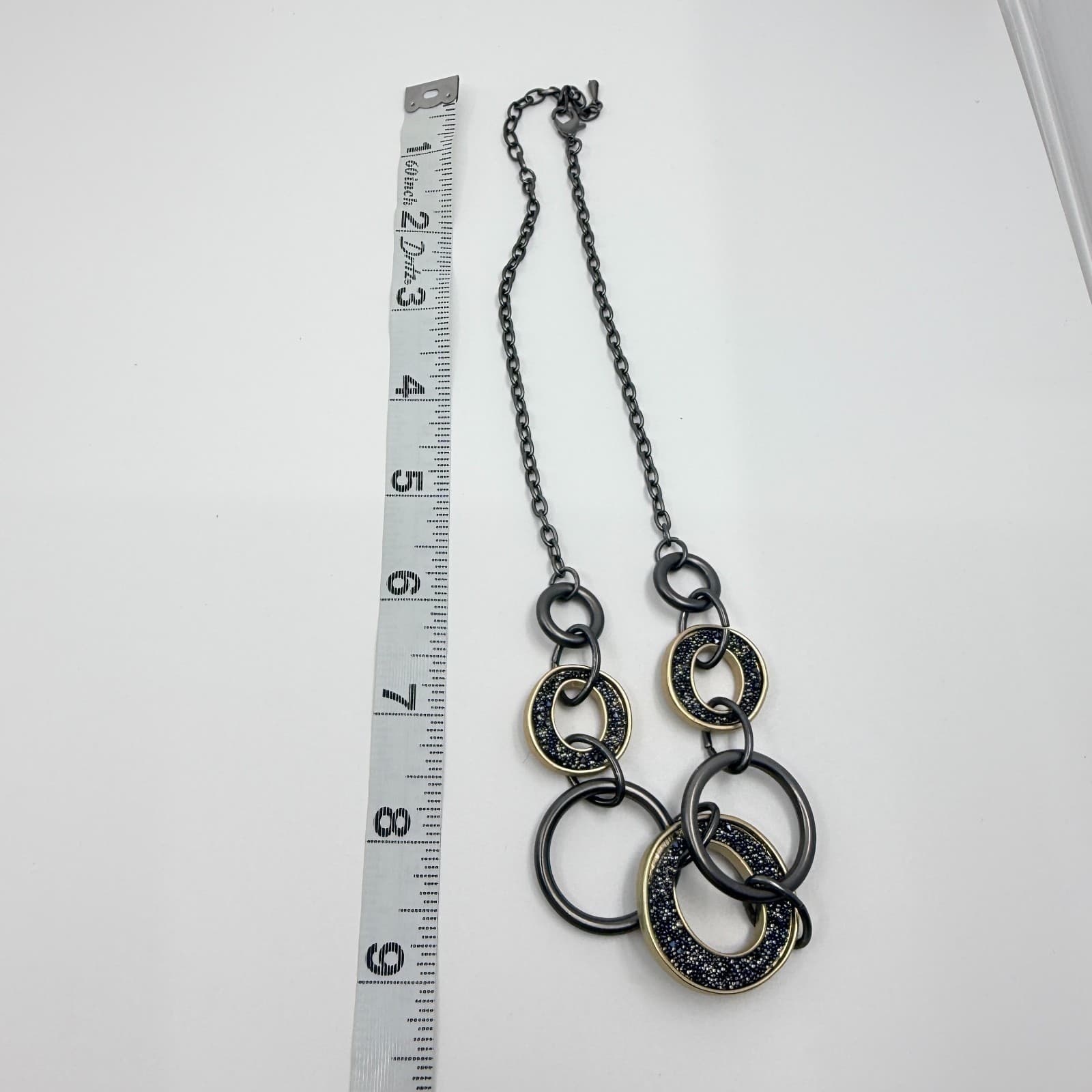 Vintage Gunmetal Gold Tone Interlocking Ring Necklace Bib Statement Mixed Metal - Thumbnail 9