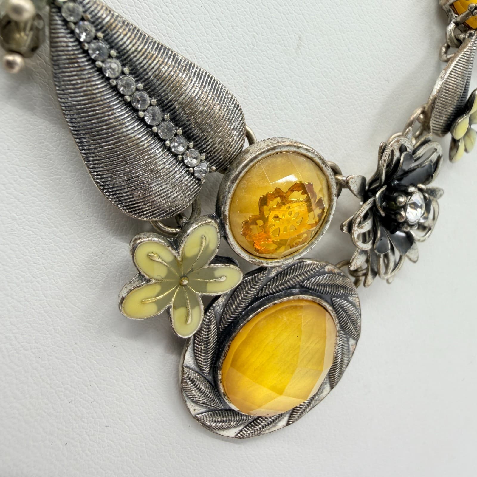 Vintage Silver Tone Yellow Floral Bib Statement Necklace Mixed Media Charms Boho - Thumbnail 6