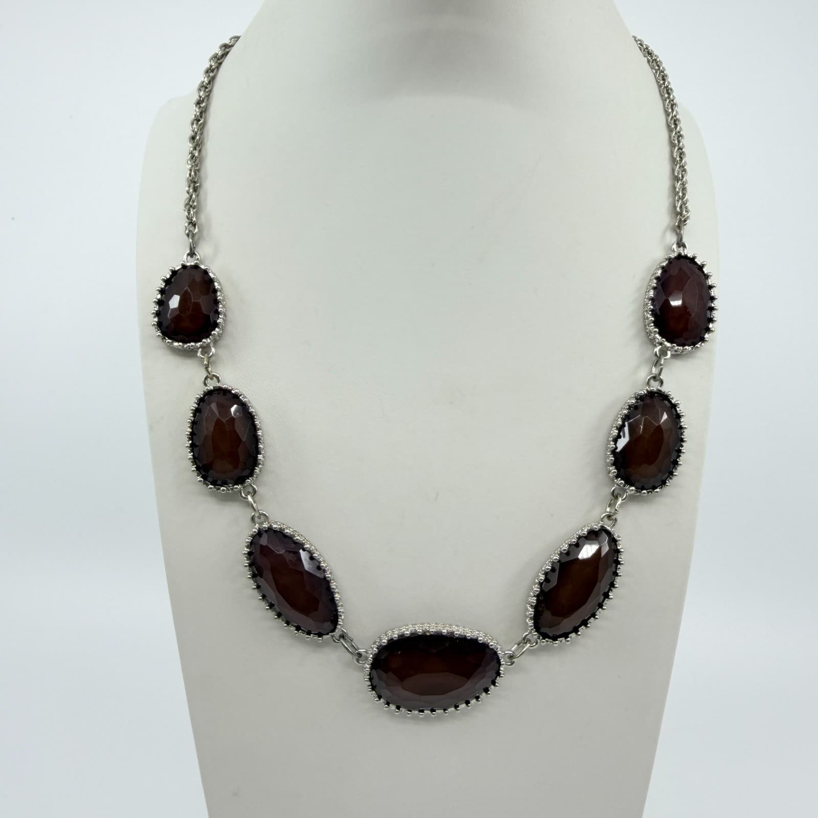 Vintage Silver Tone Faux Smoky Quartz Glass Bezel Link Necklace Chunky Statement - Thumbnail 3