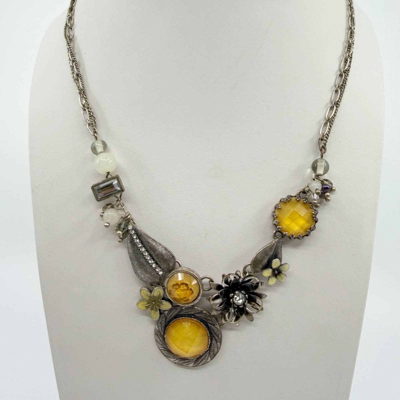 Vintage Silver Tone Yellow Floral Bib Statement Necklace Mixed Media Charms Boho - Thumbnail 3