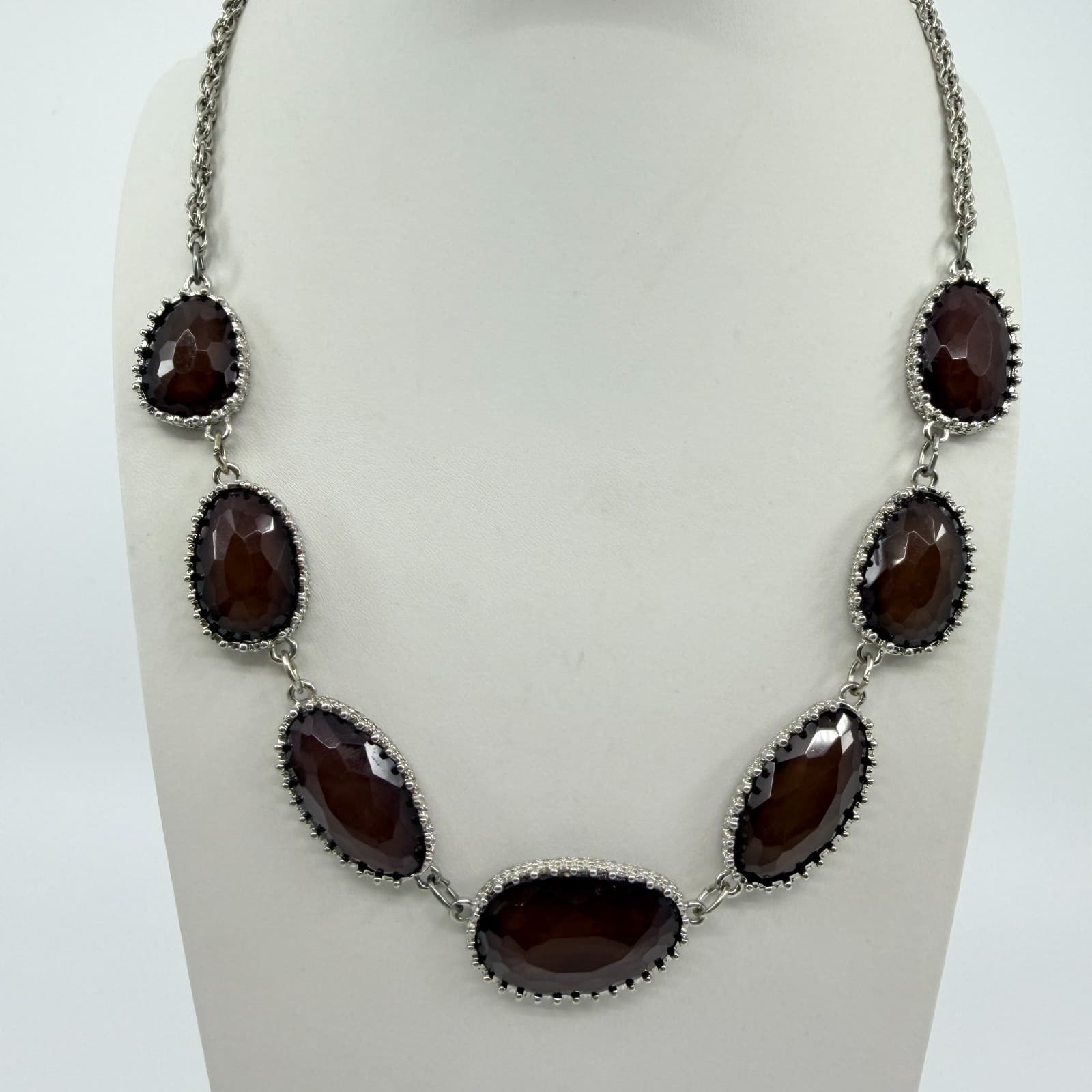Vintage Silver Tone Faux Smoky Quartz Glass Bezel Link Necklace Chunky Statement - Thumbnail 2