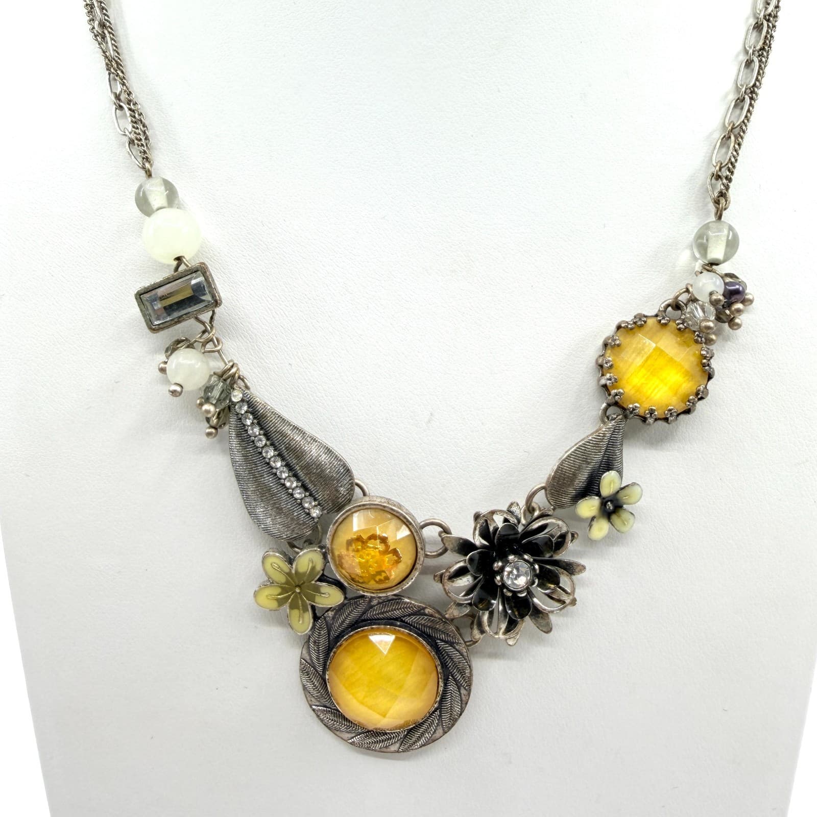 Vintage Silver Tone Yellow Floral Bib Statement Necklace Mixed Media Charms Boho