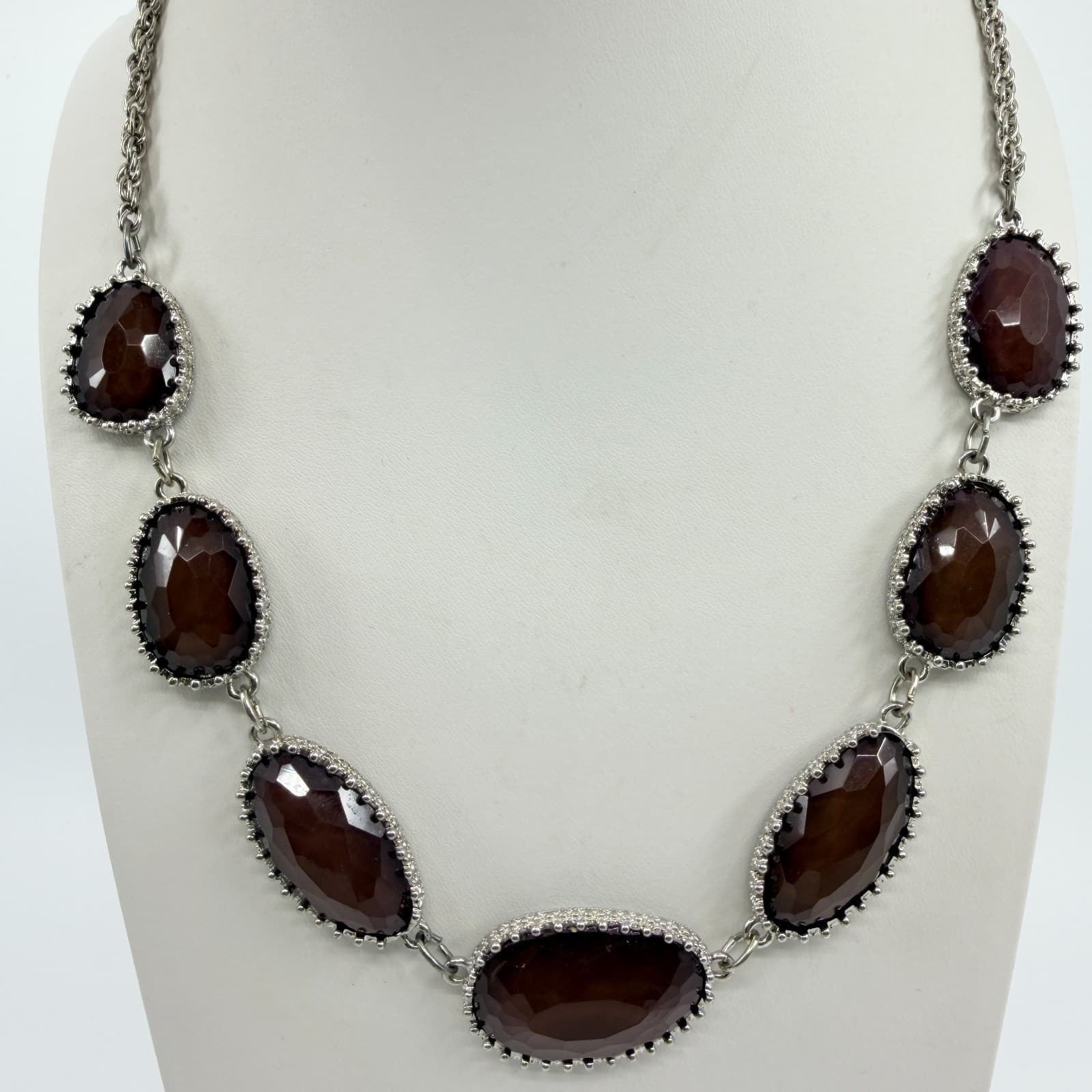 Vintage Silver Tone Faux Smoky Quartz Glass Bezel Link Necklace Chunky Statement - Thumbnail 4