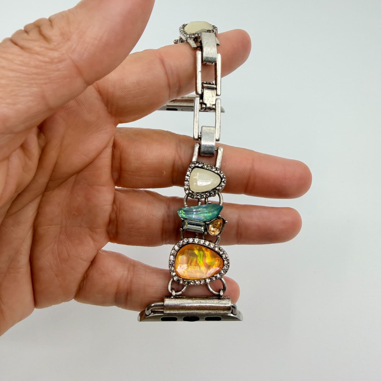 Vintage Boho Chic Mixed Media Stone Crystal Silver Tone Watch Band Bracelet Y2K - Thumbnail 7
