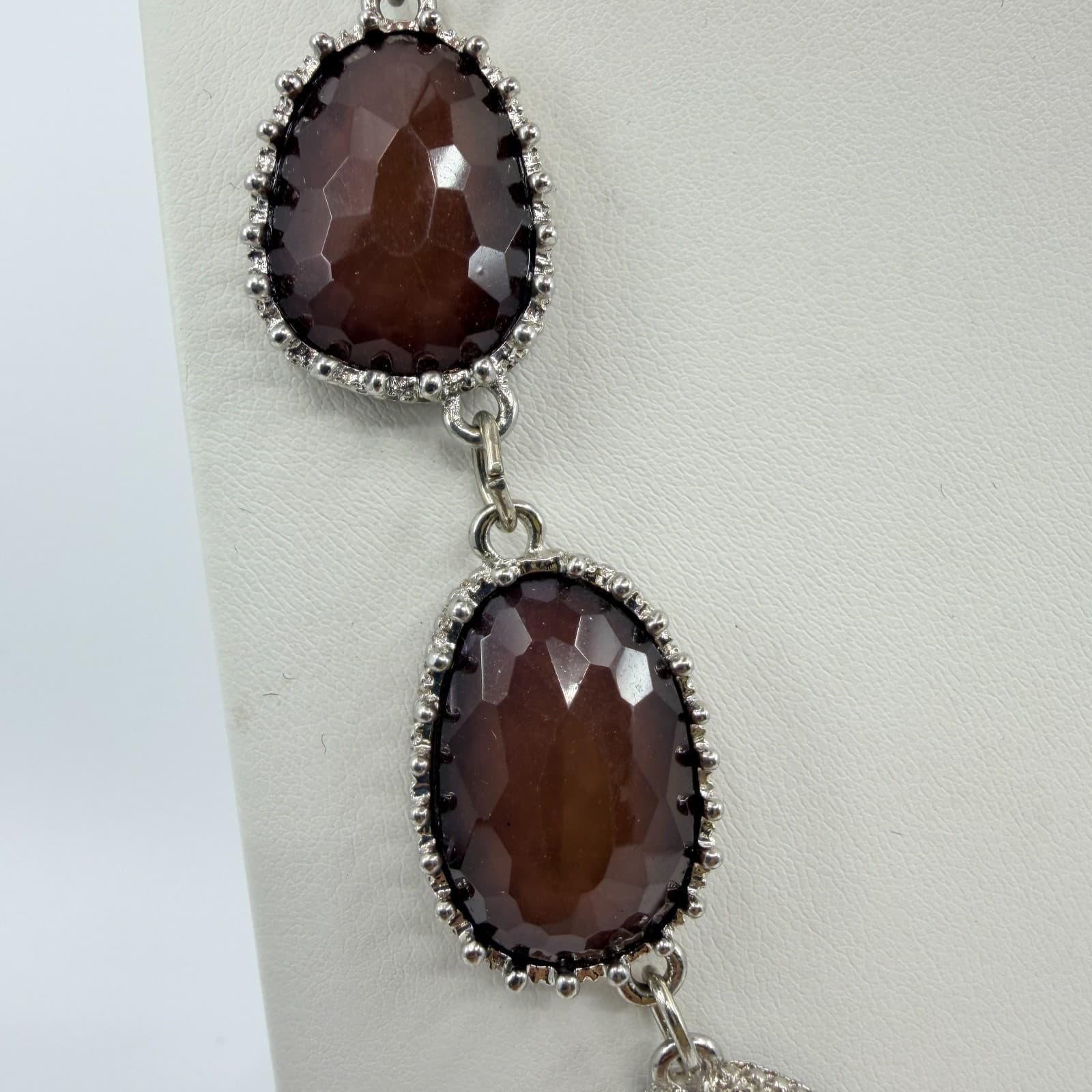 Vintage Silver Tone Faux Smoky Quartz Glass Bezel Link Necklace Chunky Statement - Thumbnail 5