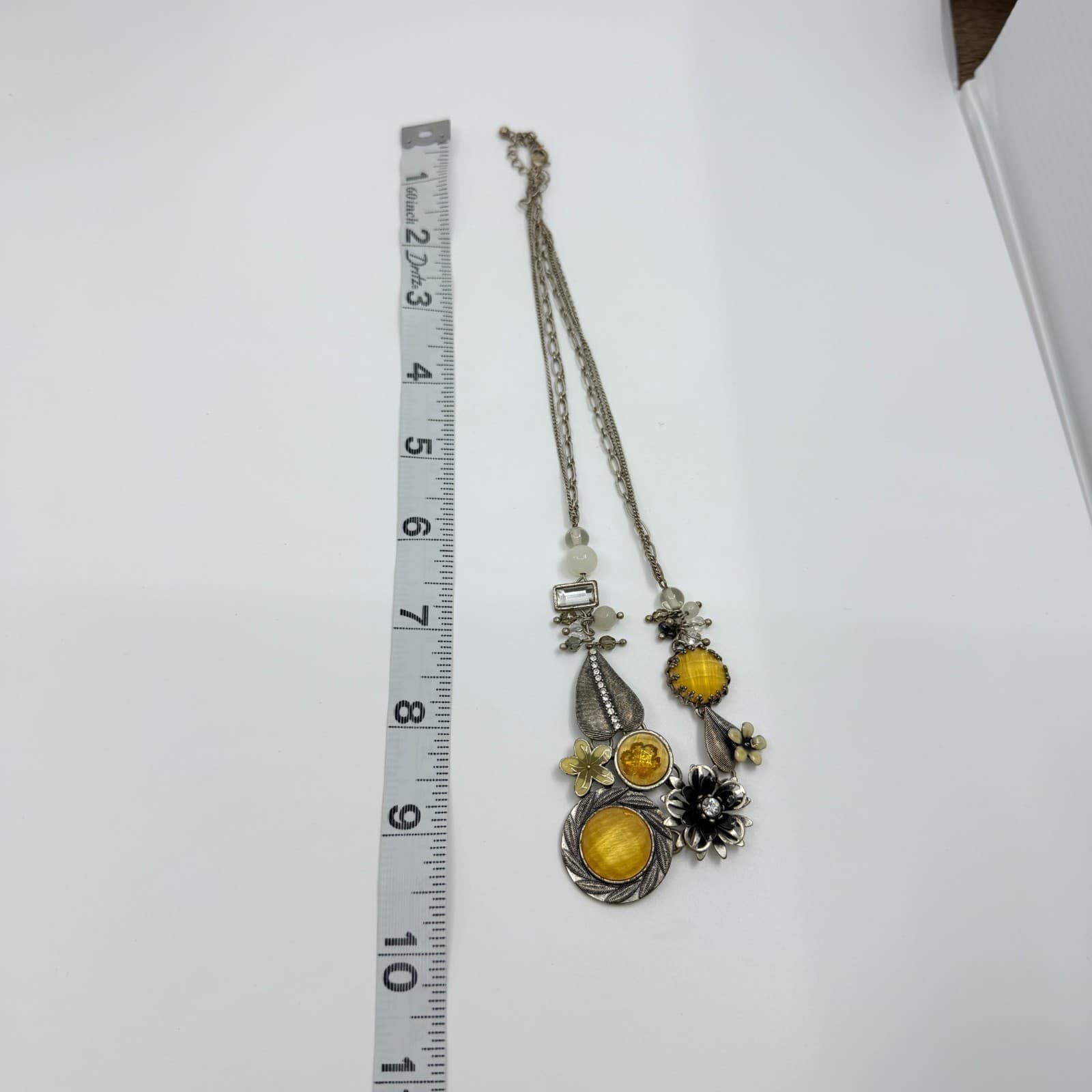 Vintage Silver Tone Yellow Floral Bib Statement Necklace Mixed Media Charms Boho - Thumbnail 10
