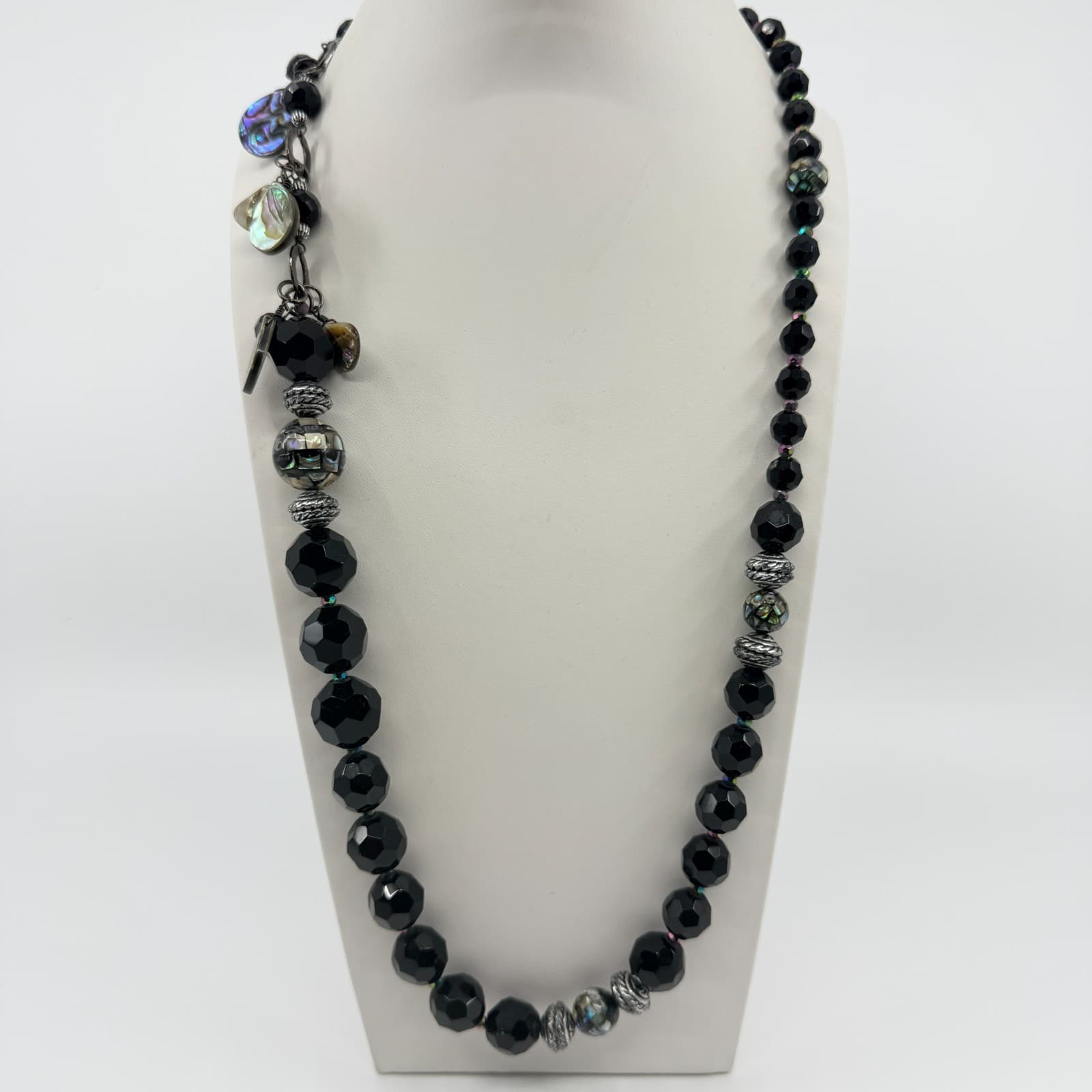 Vintage Black Faceted Beaded Necklace Iridescent Inlay Statement Chunky Boho - Thumbnail 6