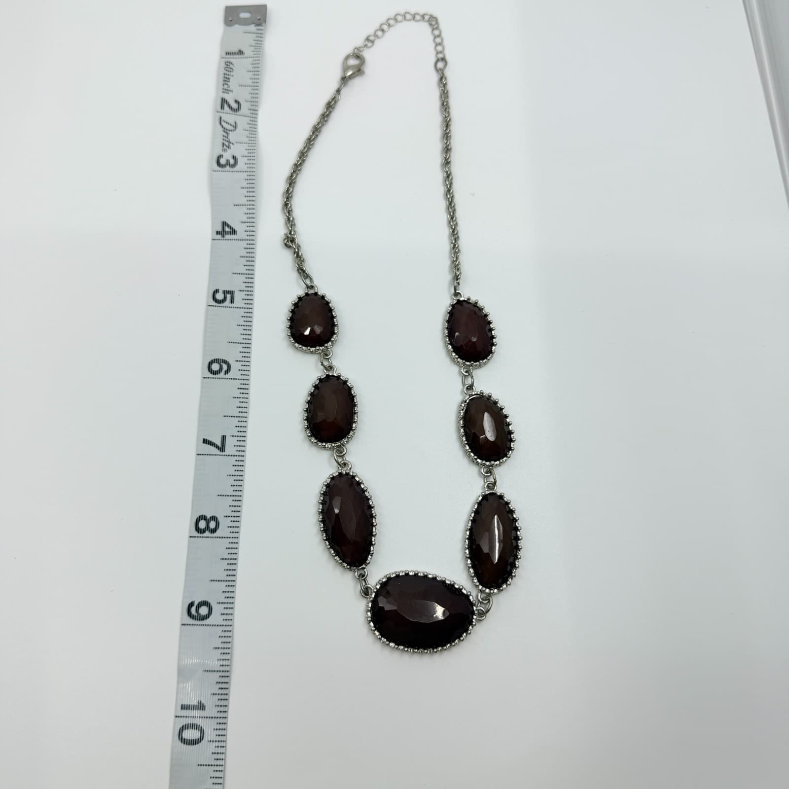 Vintage Silver Tone Faux Smoky Quartz Glass Bezel Link Necklace Chunky Statement - Thumbnail 9