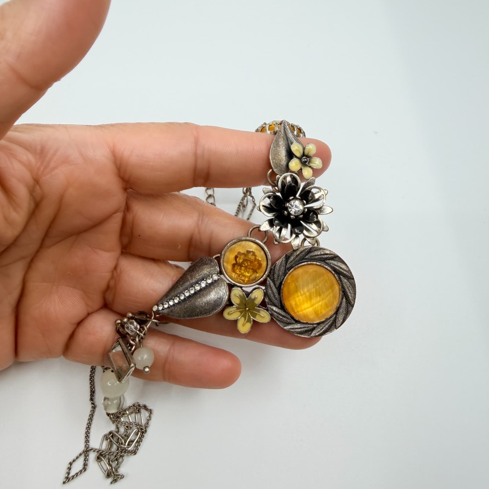 Vintage Silver Tone Yellow Floral Bib Statement Necklace Mixed Media Charms Boho - Thumbnail 9
