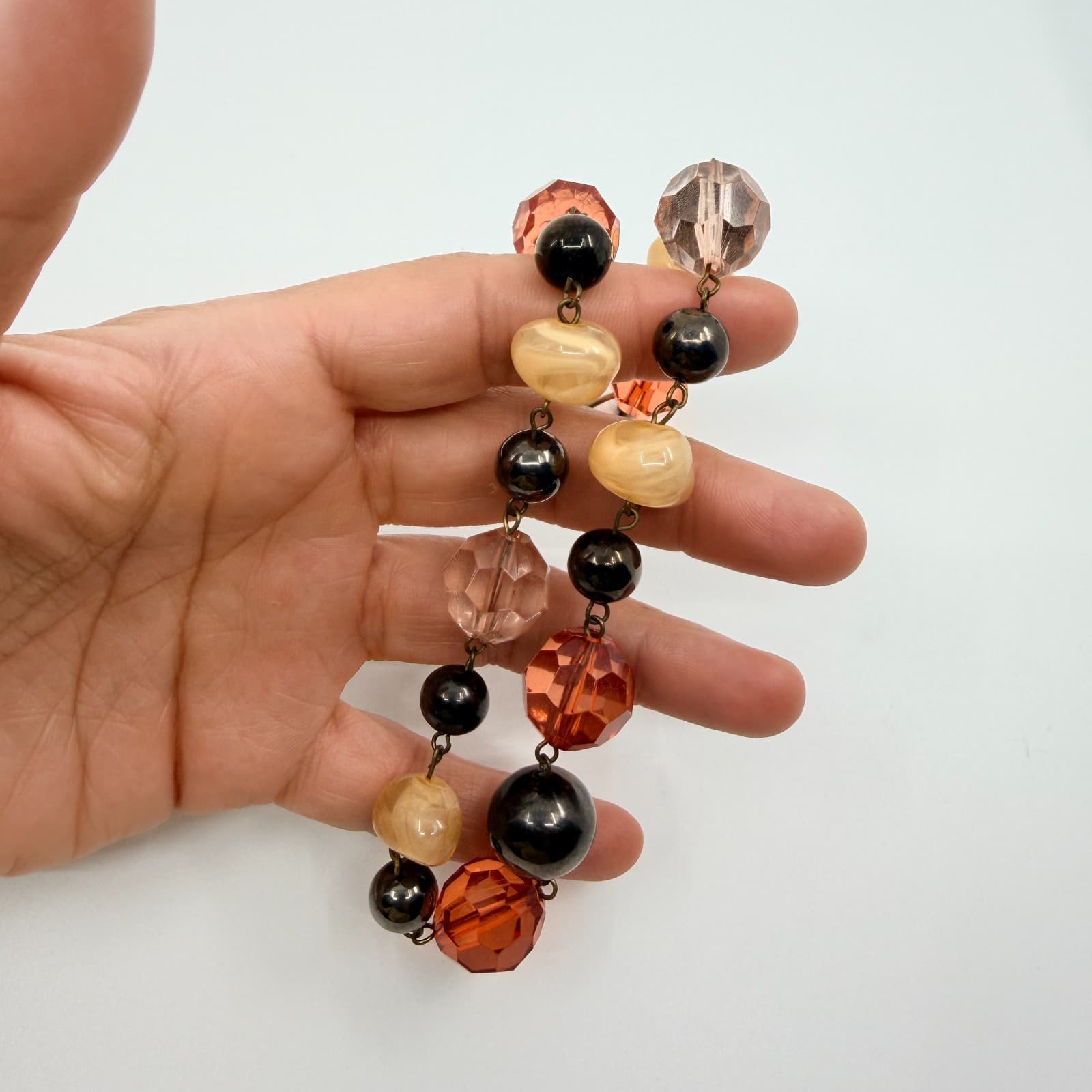 Vintage Earth Tone Beaded Necklace Faceted Amber Brown Minimalist Statement Boho - Thumbnail 8