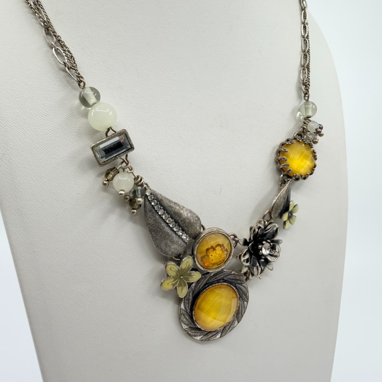 Vintage Silver Tone Yellow Floral Bib Statement Necklace Mixed Media Charms Boho - Thumbnail 5