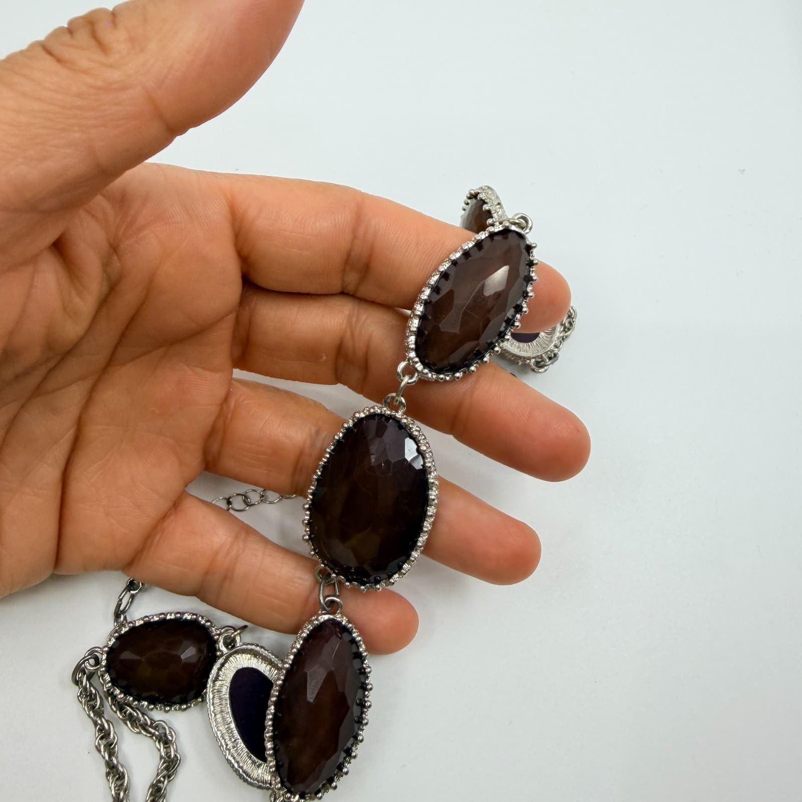 Vintage Silver Tone Faux Smoky Quartz Glass Bezel Link Necklace Chunky Statement - Thumbnail 8