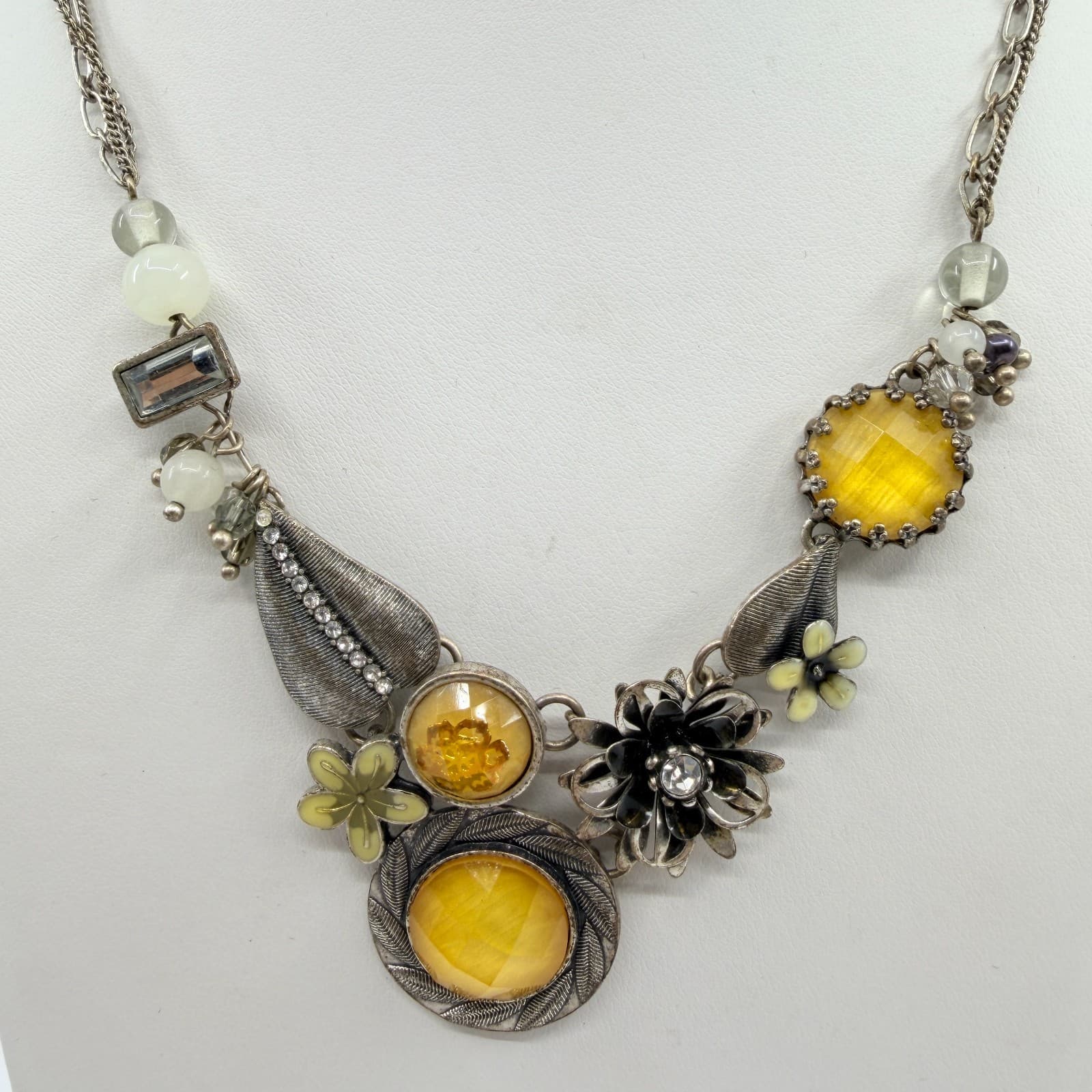 Vintage Silver Tone Yellow Floral Bib Statement Necklace Mixed Media Charms Boho - Thumbnail 4