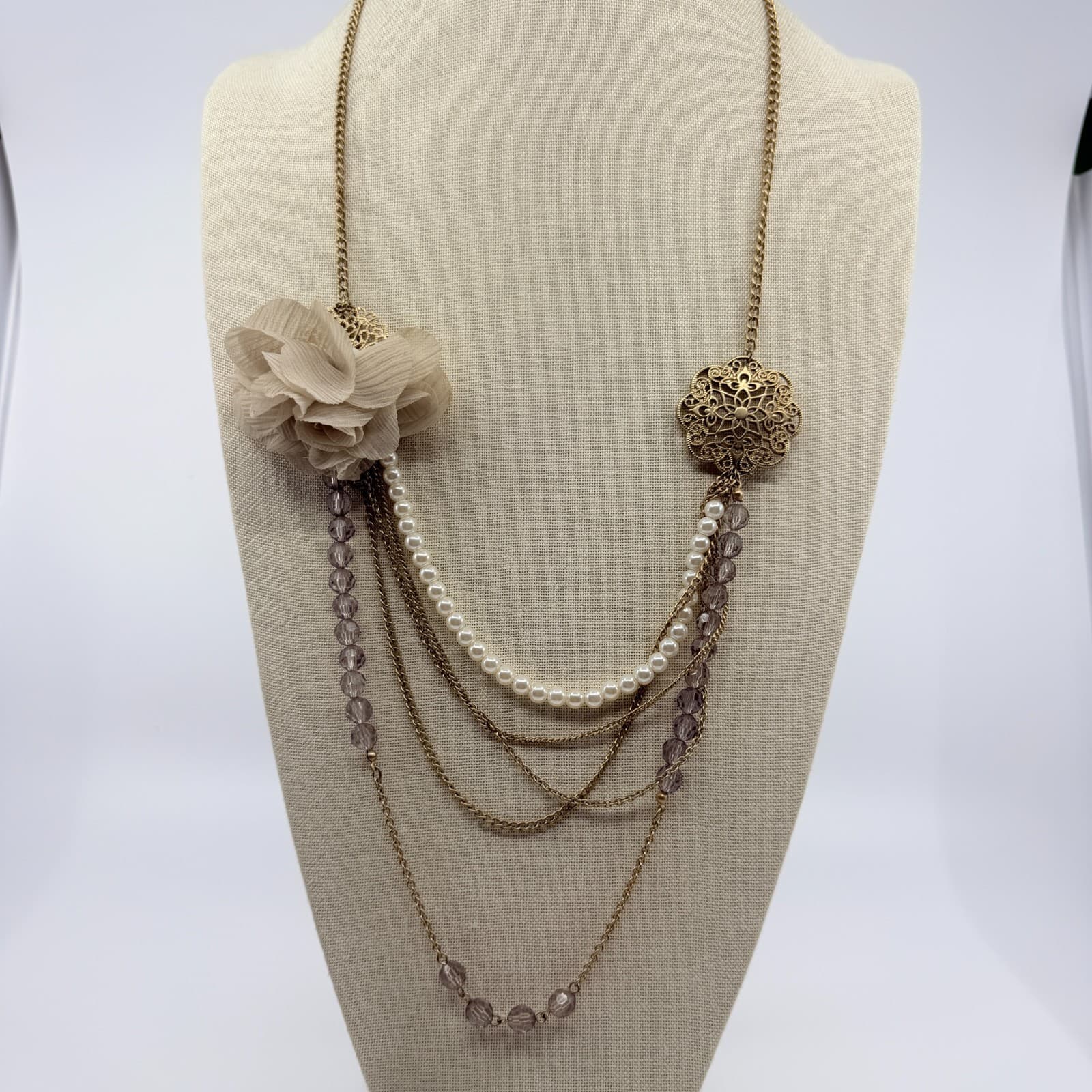 Vintage Gold Tone Multi Strand Statement Necklace Chiffon Flower Faux Pearl Y2K - Thumbnail 3