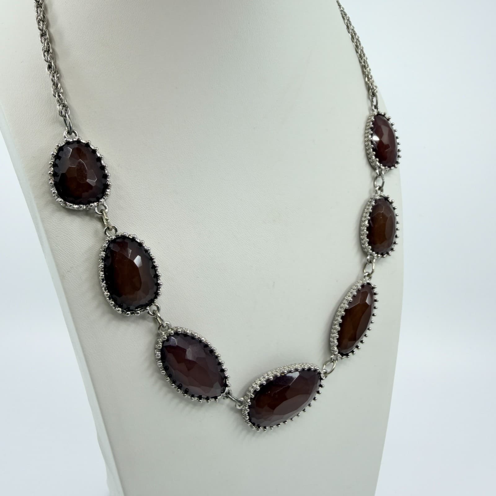Vintage Silver Tone Faux Smoky Quartz Glass Bezel Link Necklace Chunky Statement - Thumbnail 6