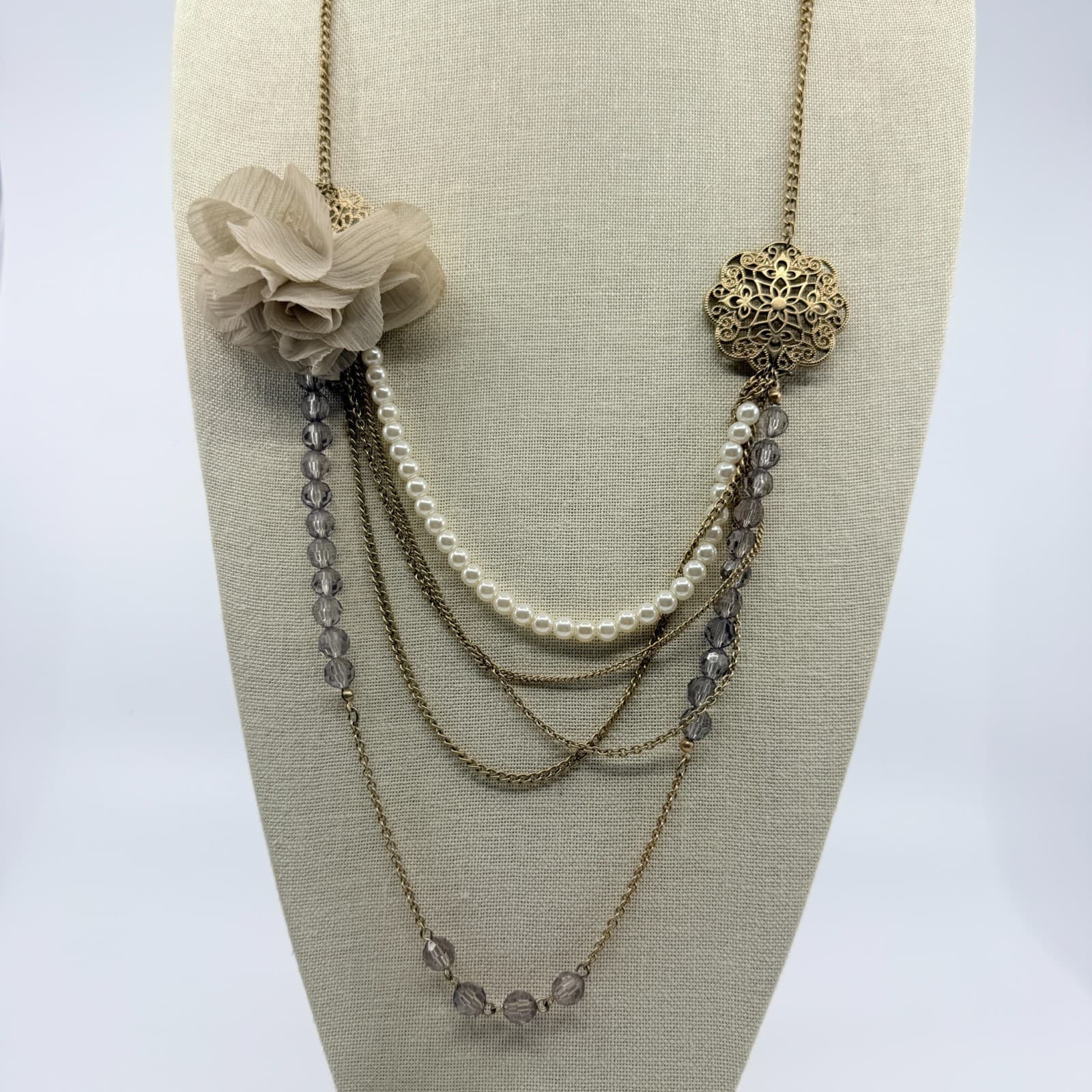 Vintage Gold Tone Multi Strand Statement Necklace Chiffon Flower Faux Pearl Y2K - Thumbnail 2