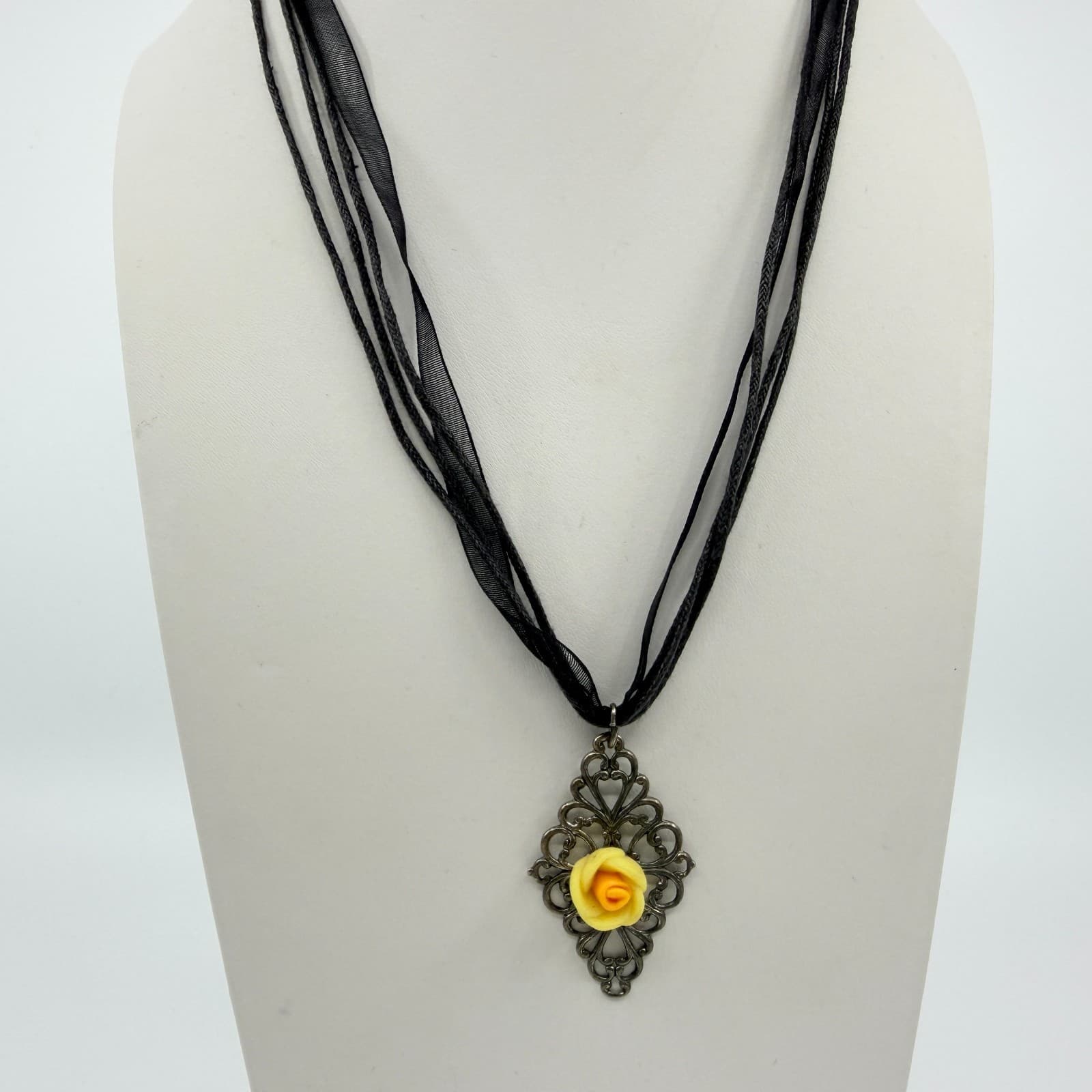 Vintage Gunmetal Tone Filigree Rose Pendant Necklace Black Cord Goth Boho 90s - Thumbnail 3