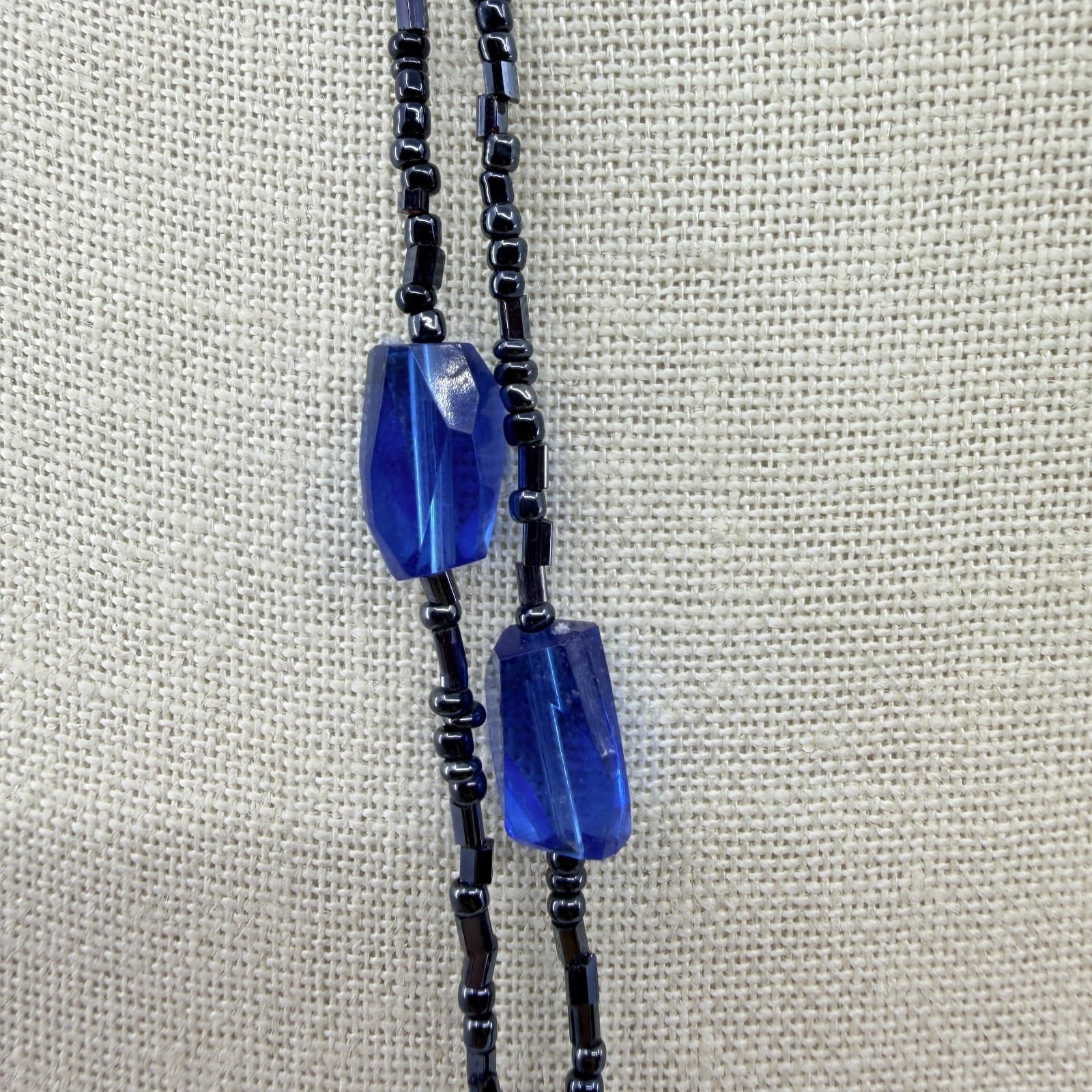 Vintage Black Seed Bead Double Strand Necklace Blue Crystal Black Pearl Accents - Thumbnail 6