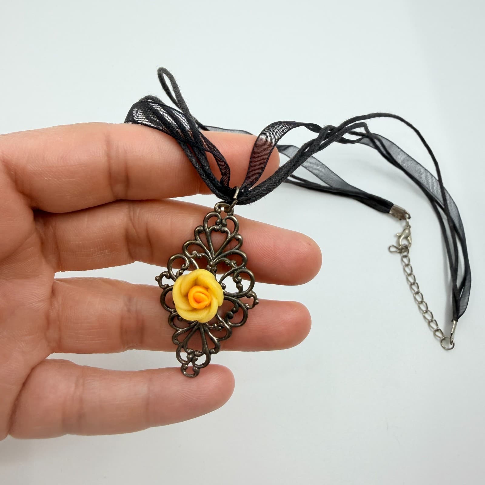 Vintage Gunmetal Tone Filigree Rose Pendant Necklace Black Cord Goth Boho 90s - Thumbnail 7
