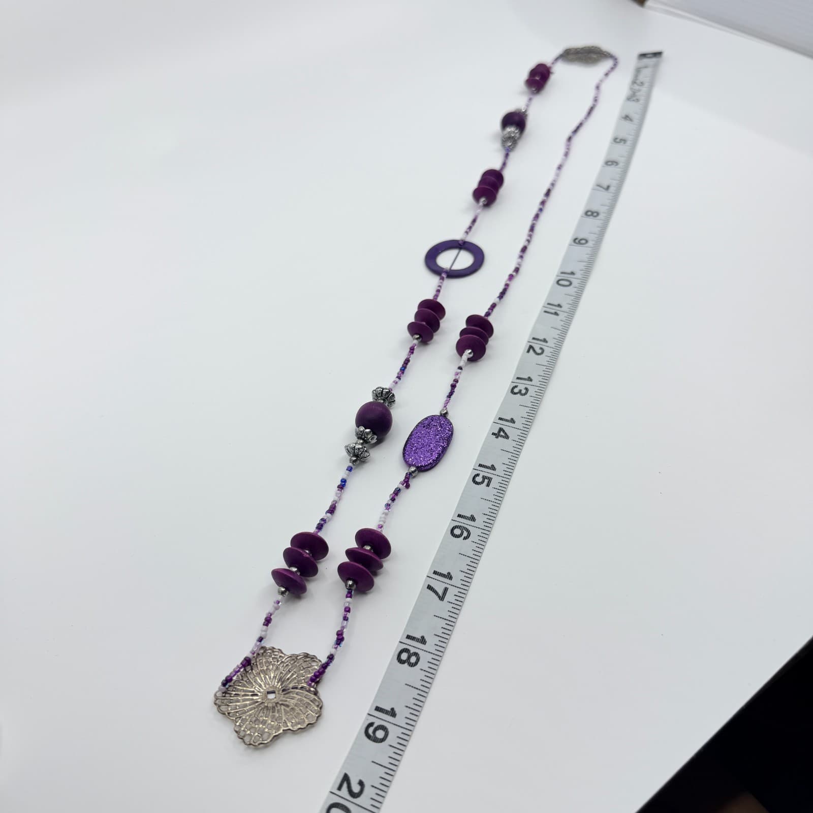 Vintage Purple Mixed Media Long Station Necklace Silver Flower Boho Statement - Thumbnail 7
