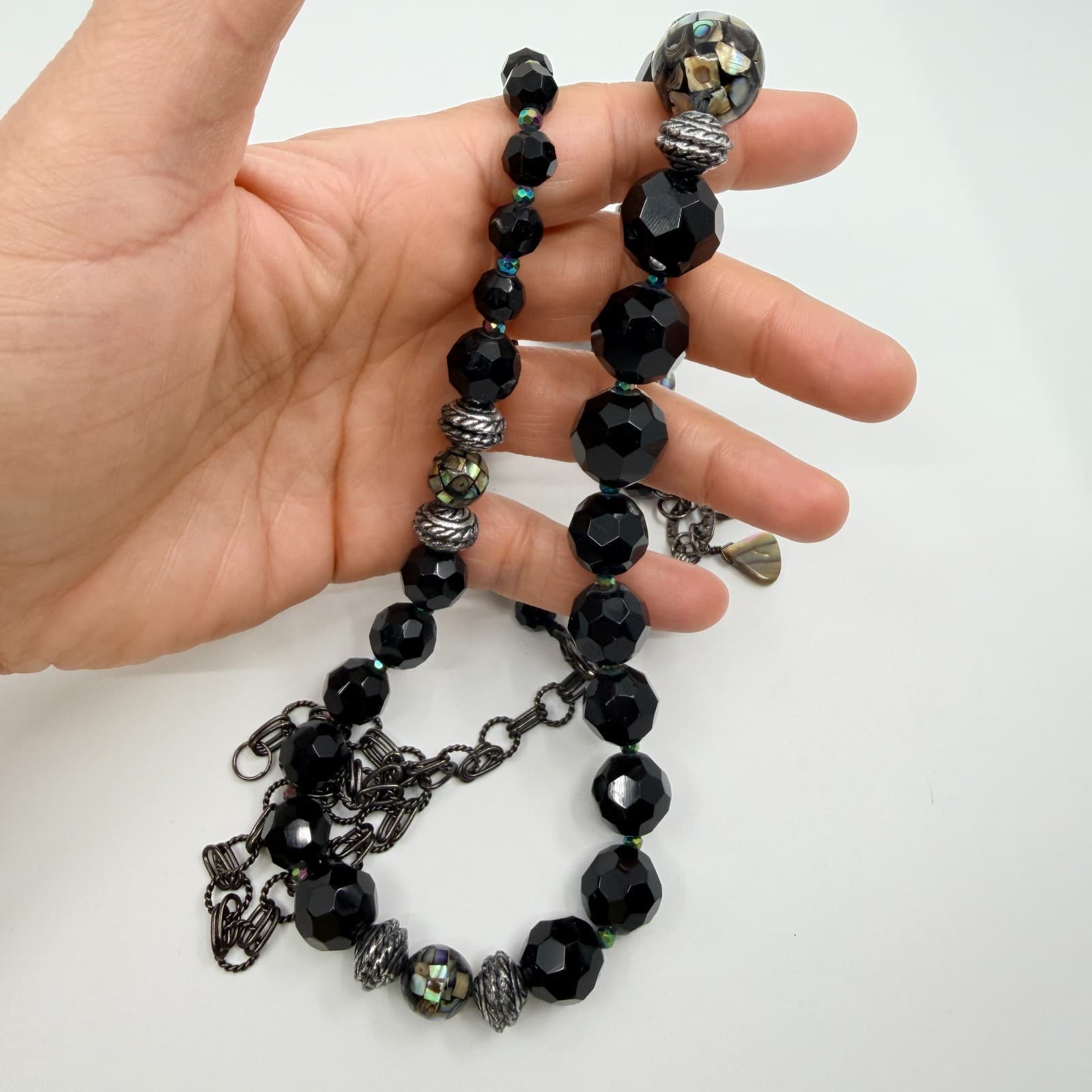 Vintage Black Faceted Beaded Necklace Iridescent Inlay Statement Chunky Boho - Thumbnail 8
