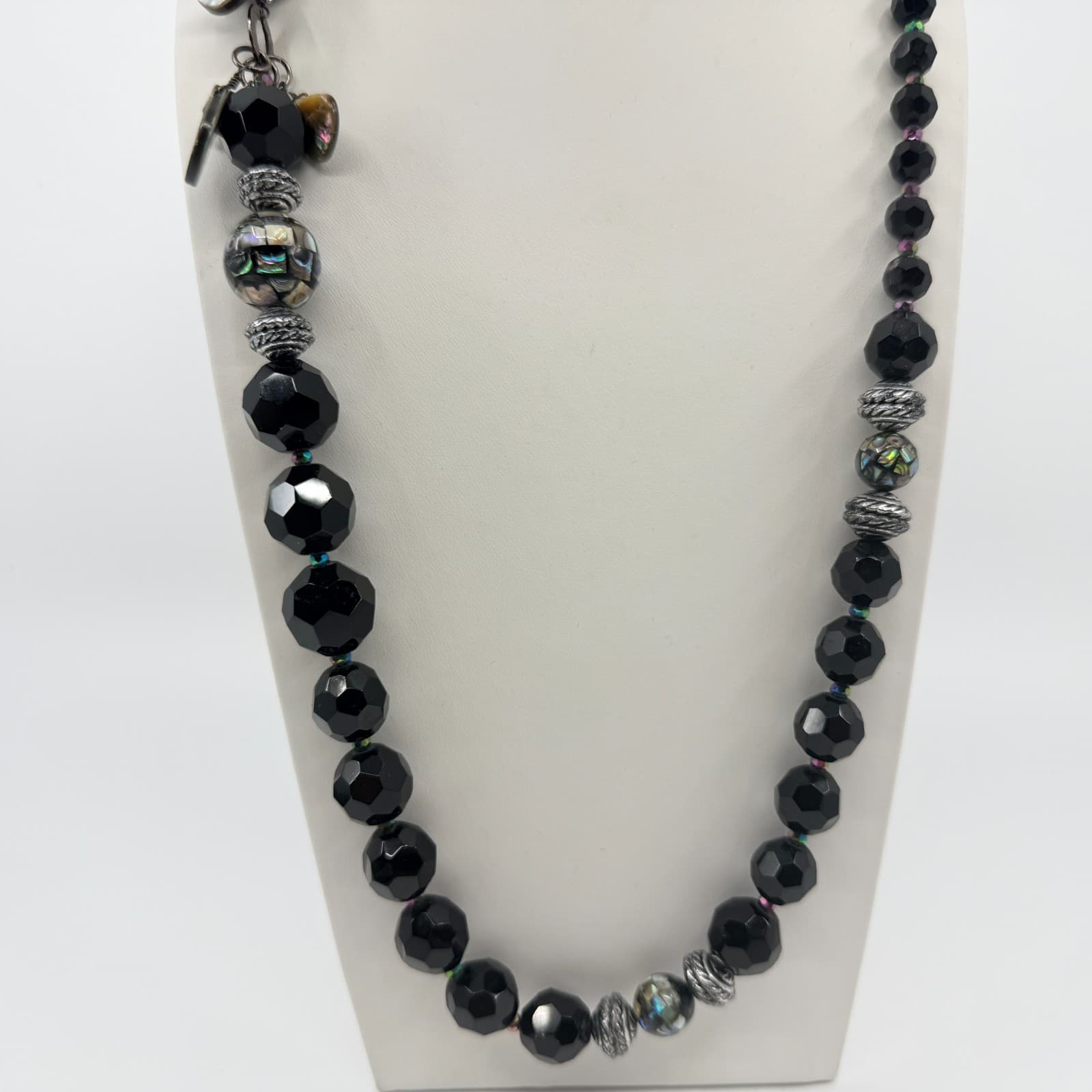 Vintage Black Faceted Beaded Necklace Iridescent Inlay Statement Chunky Boho - Thumbnail 3