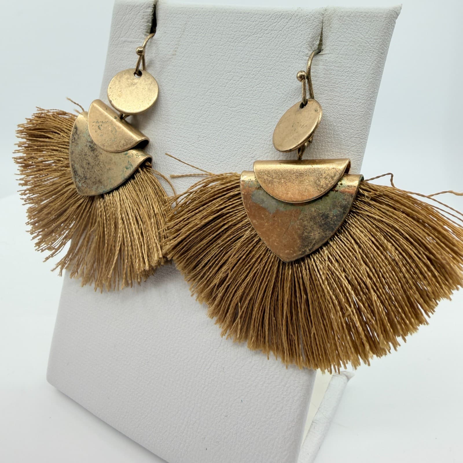 Vintage Gold Tone Tassel Fan Drop Earrings Large Statement Boho Geometric 90s - Thumbnail 3