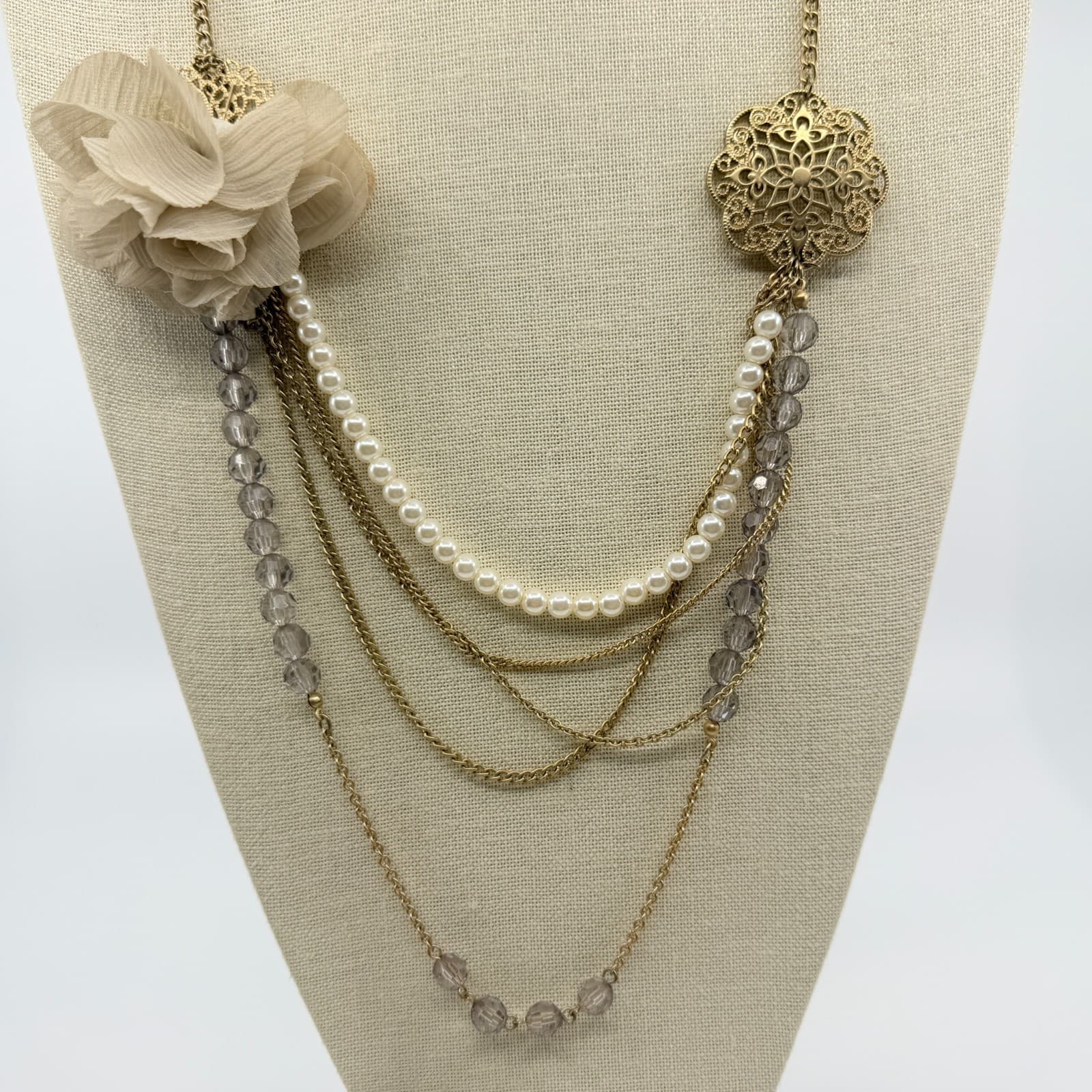 Vintage Gold Tone Multi Strand Statement Necklace Chiffon Flower Faux Pearl Y2K - Thumbnail 4