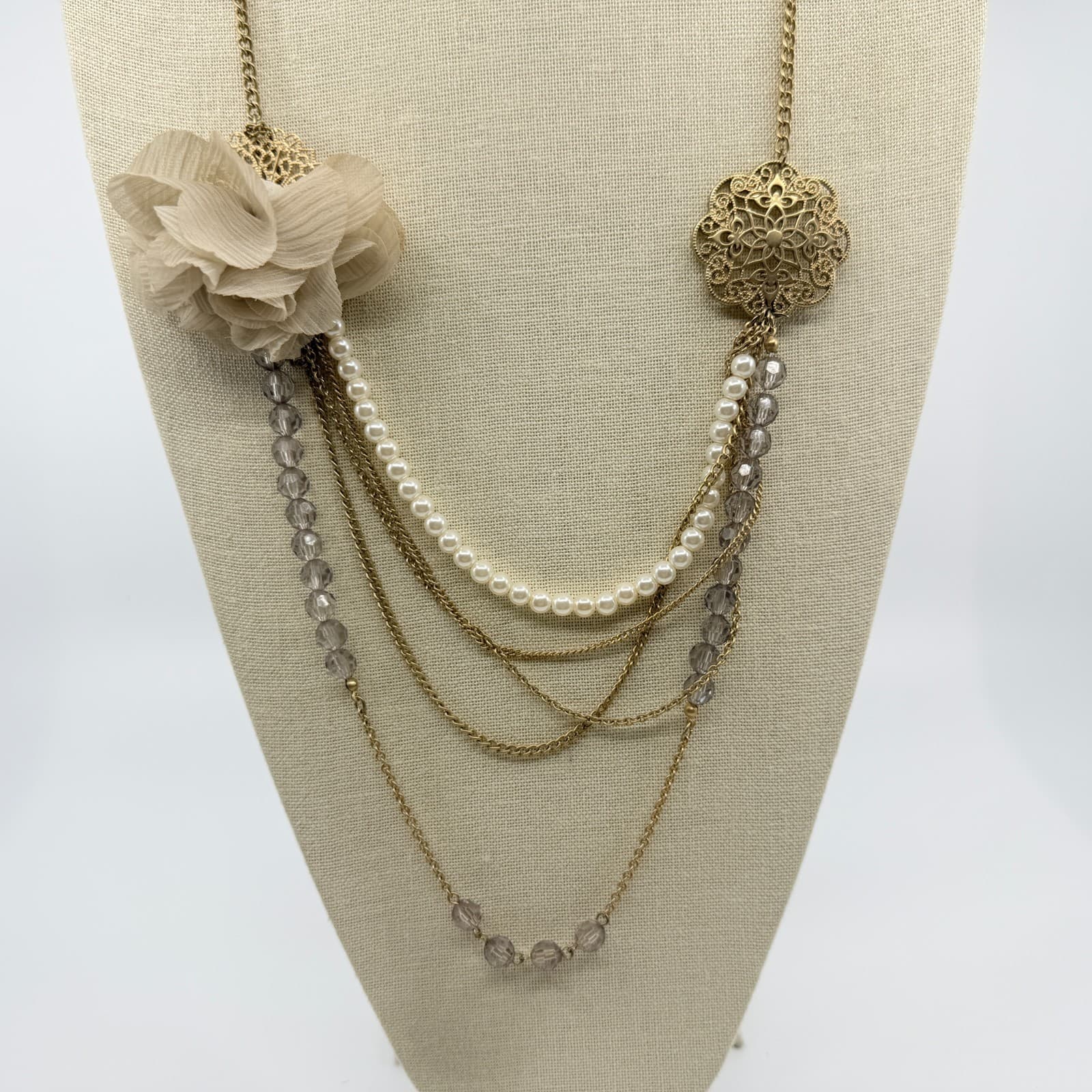 Vintage Gold Tone Multi Strand Statement Necklace Chiffon Flower Faux Pearl Y2K - Thumbnail 5