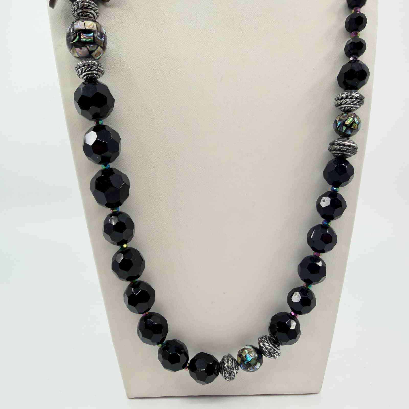 Vintage Black Faceted Beaded Necklace Iridescent Inlay Statement Chunky Boho - Thumbnail 2