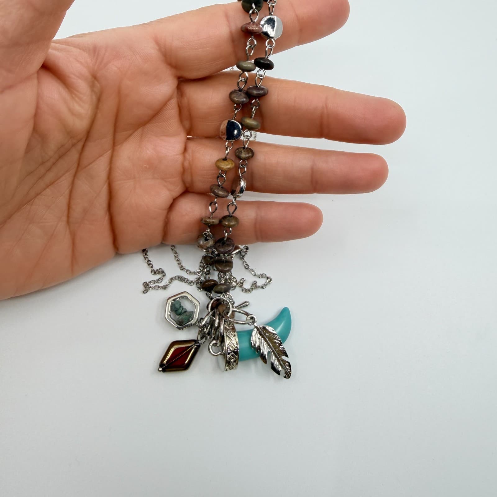 Vintage Silver Tone Boho Tribal Faux Turquoise Tooth Pendant Feather Bead Retro - Thumbnail 9