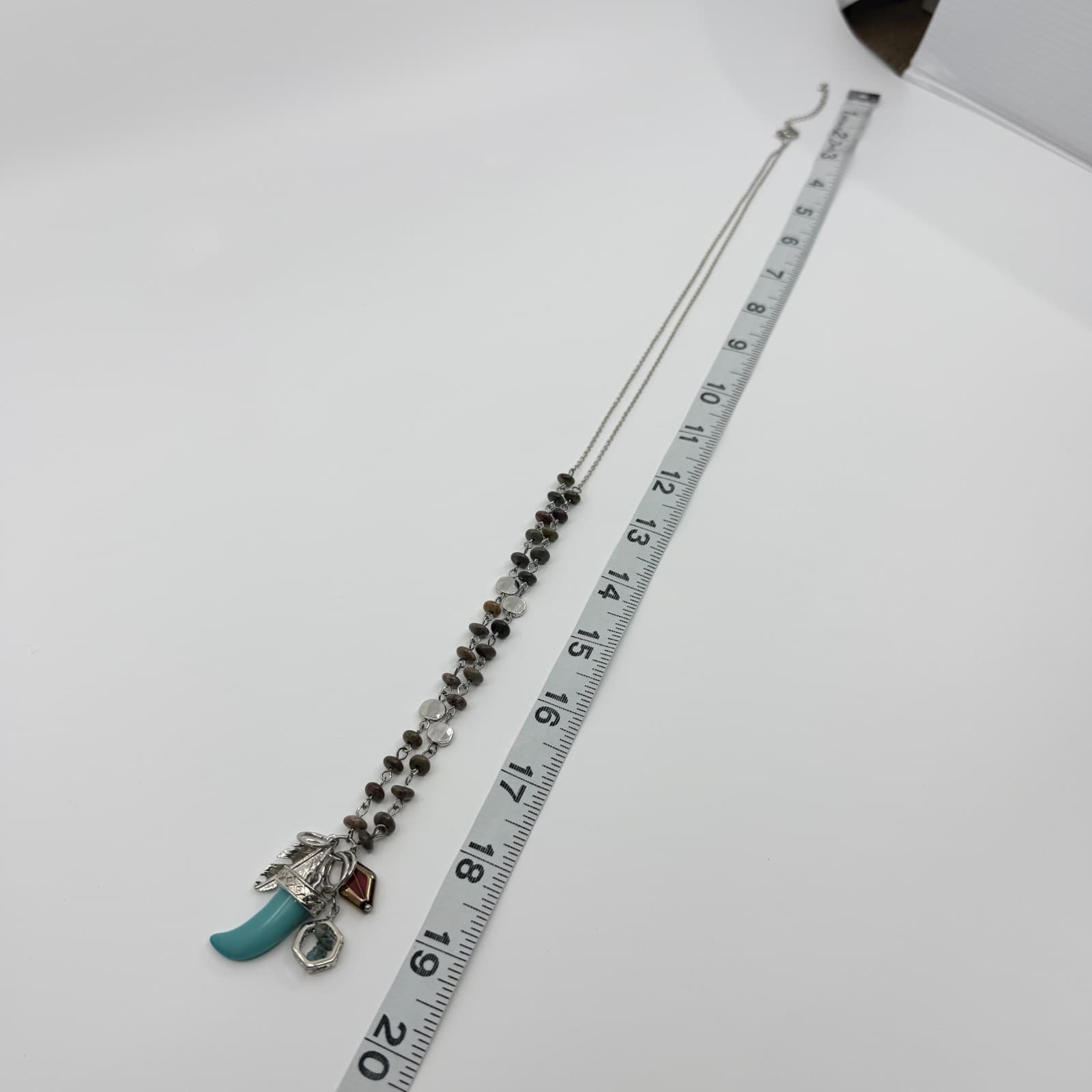Vintage Silver Tone Boho Tribal Faux Turquoise Tooth Pendant Feather Bead Retro - Thumbnail 10