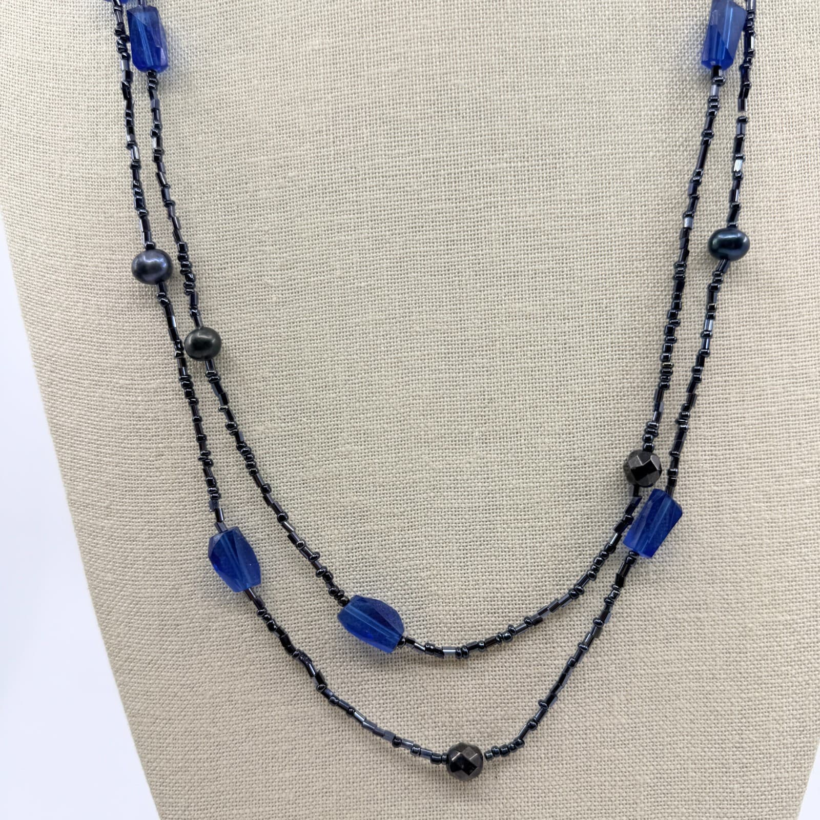Vintage Black Seed Bead Double Strand Necklace Blue Crystal Black Pearl Accents - Thumbnail 2