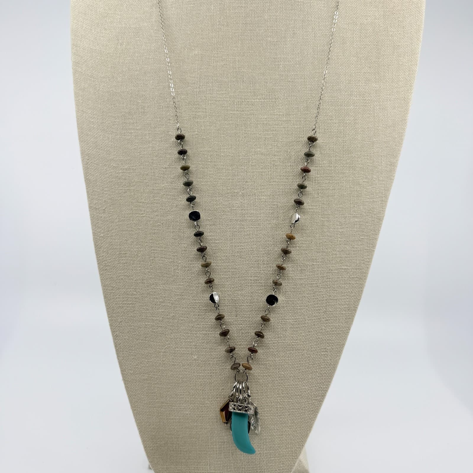 Vintage Silver Tone Boho Tribal Faux Turquoise Tooth Pendant Feather Bead Retro - Thumbnail 4