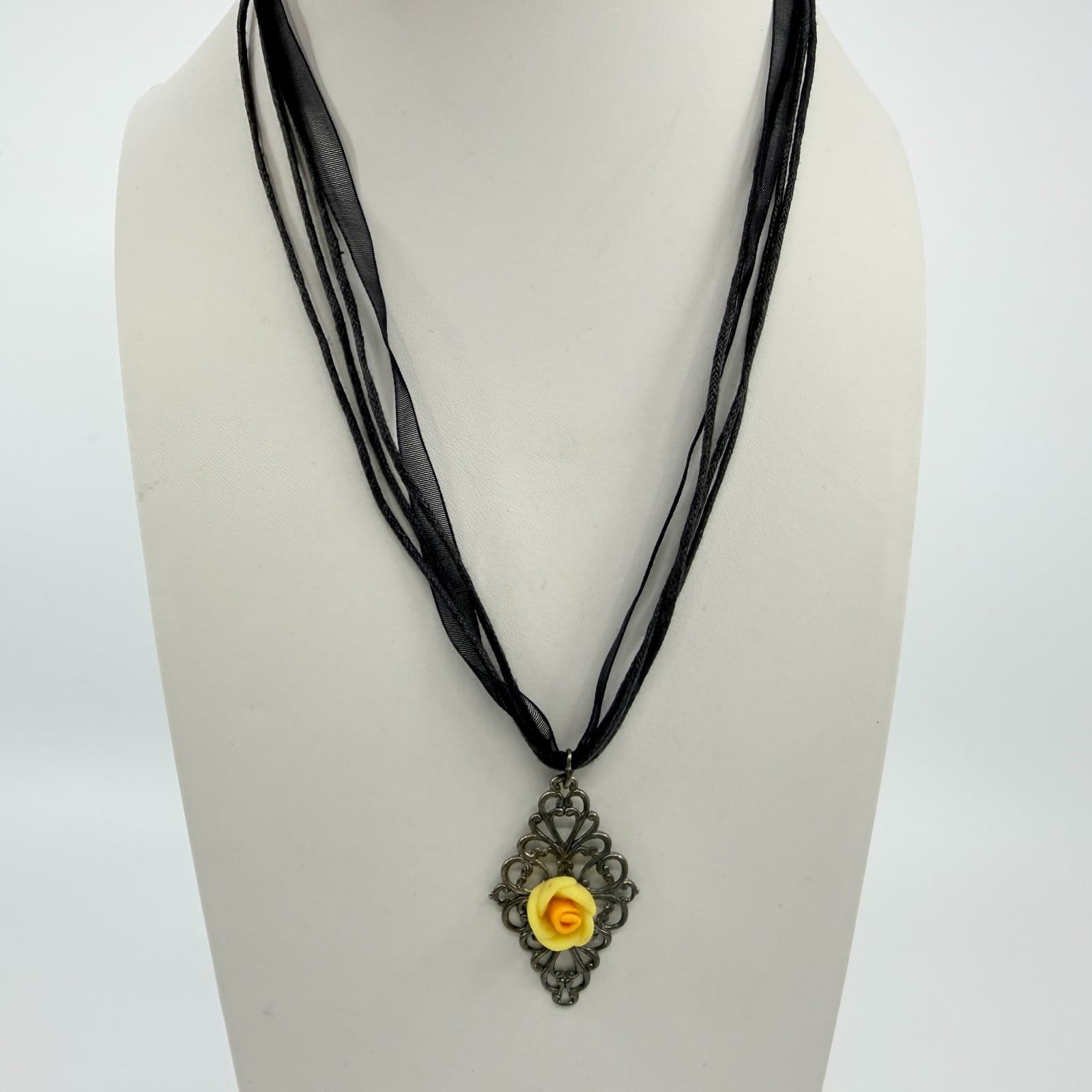 Vintage Gunmetal Tone Filigree Rose Pendant Necklace Black Cord Goth Boho 90s - Thumbnail 5