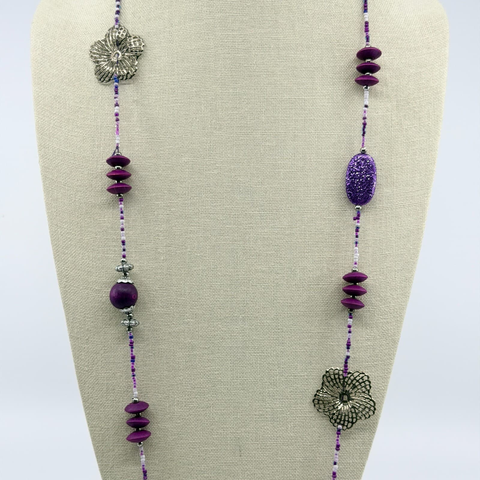 Vintage Purple Mixed Media Long Station Necklace Silver Flower Boho Statement - Thumbnail 3