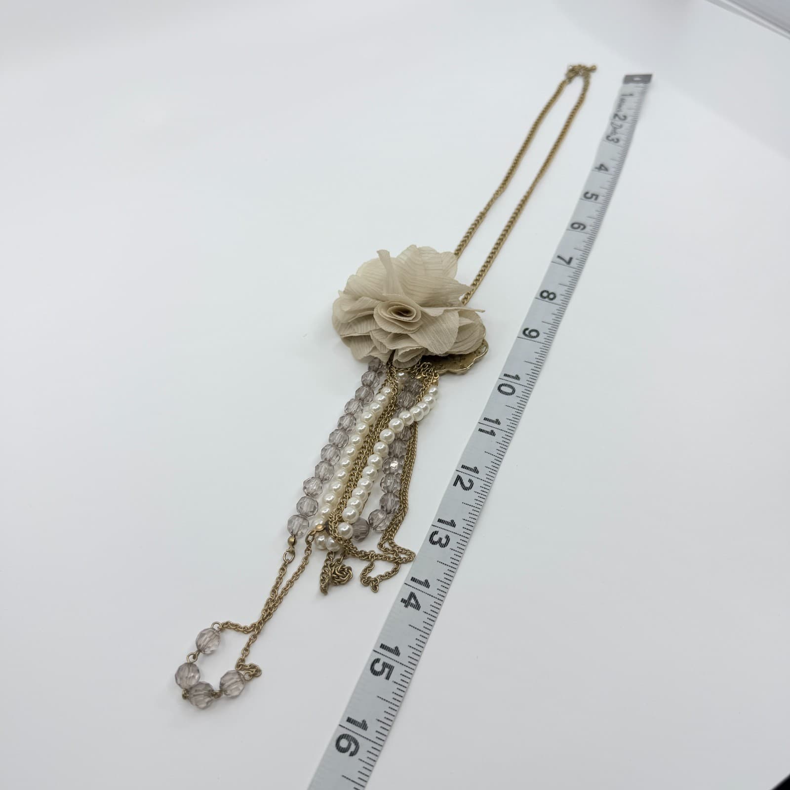 Vintage Gold Tone Multi Strand Statement Necklace Chiffon Flower Faux Pearl Y2K - Thumbnail 12