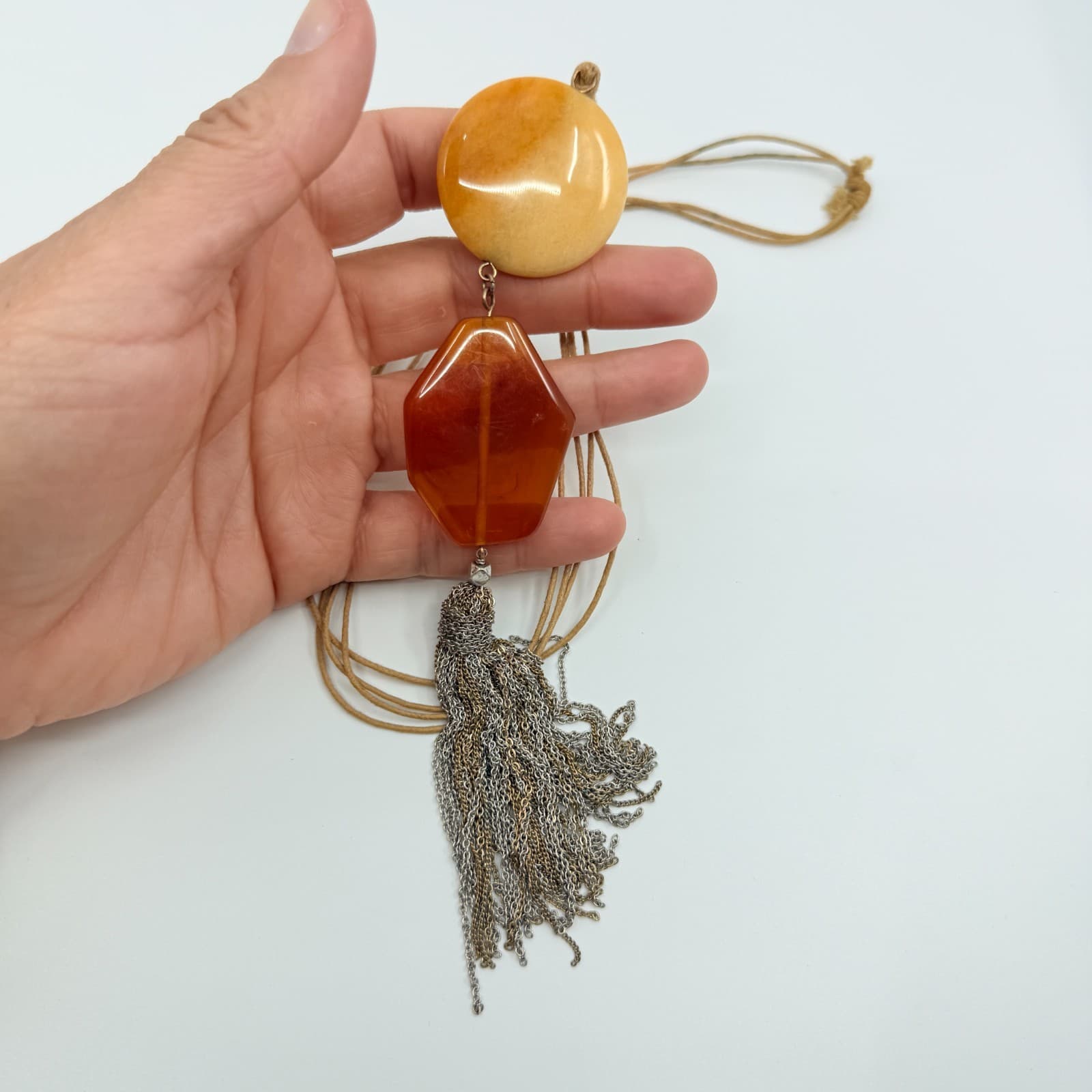 Vintage Tan Cord Orange Stone Resin Pendant Necklace Silver Tassel Boho Artsy - Thumbnail 5
